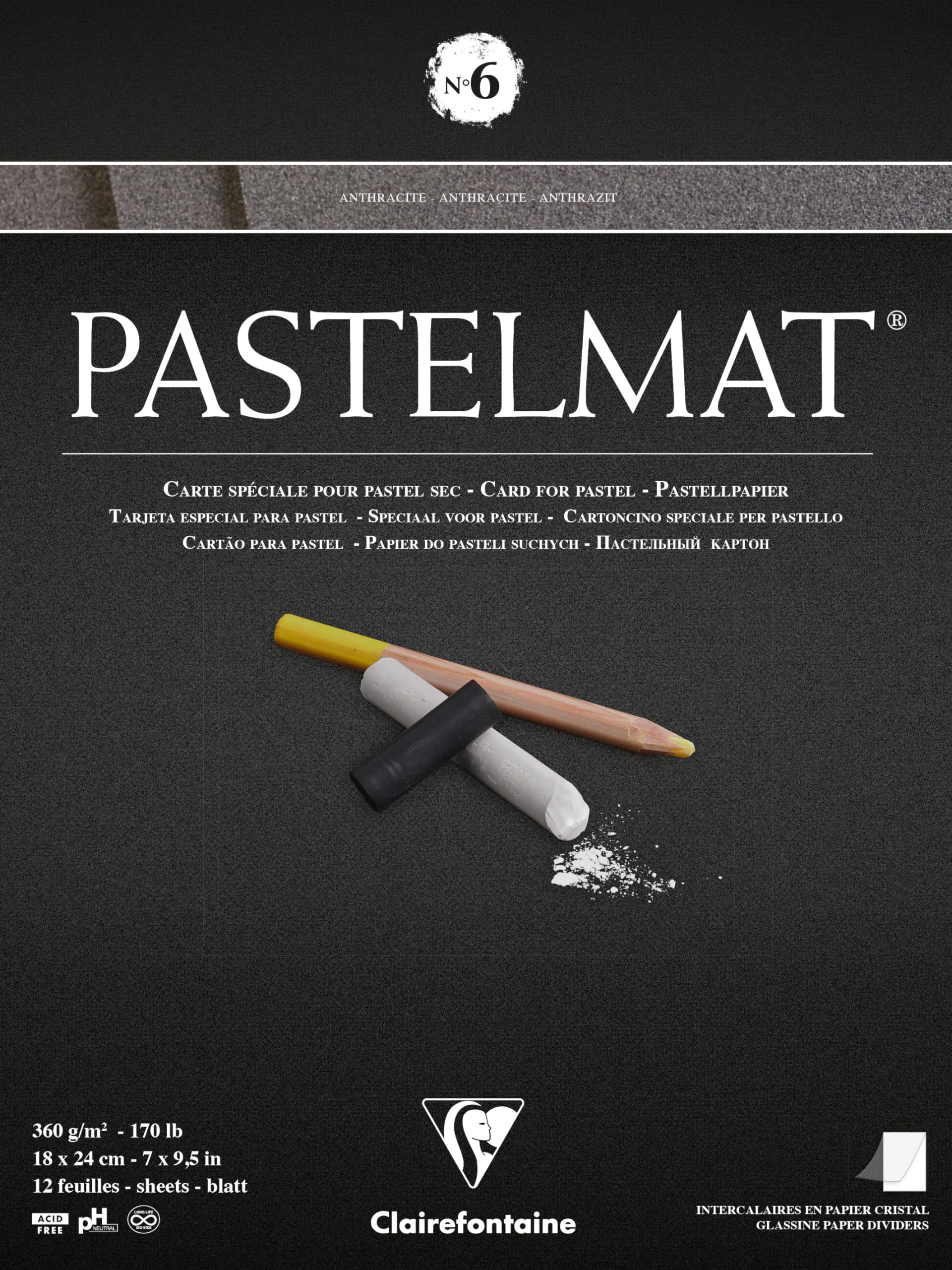 CLAIREFONTAINE NO. 1 PASTELMAT PAD, 360G, 12 Sheets (Card pad No 6, 18 x 24 cm)