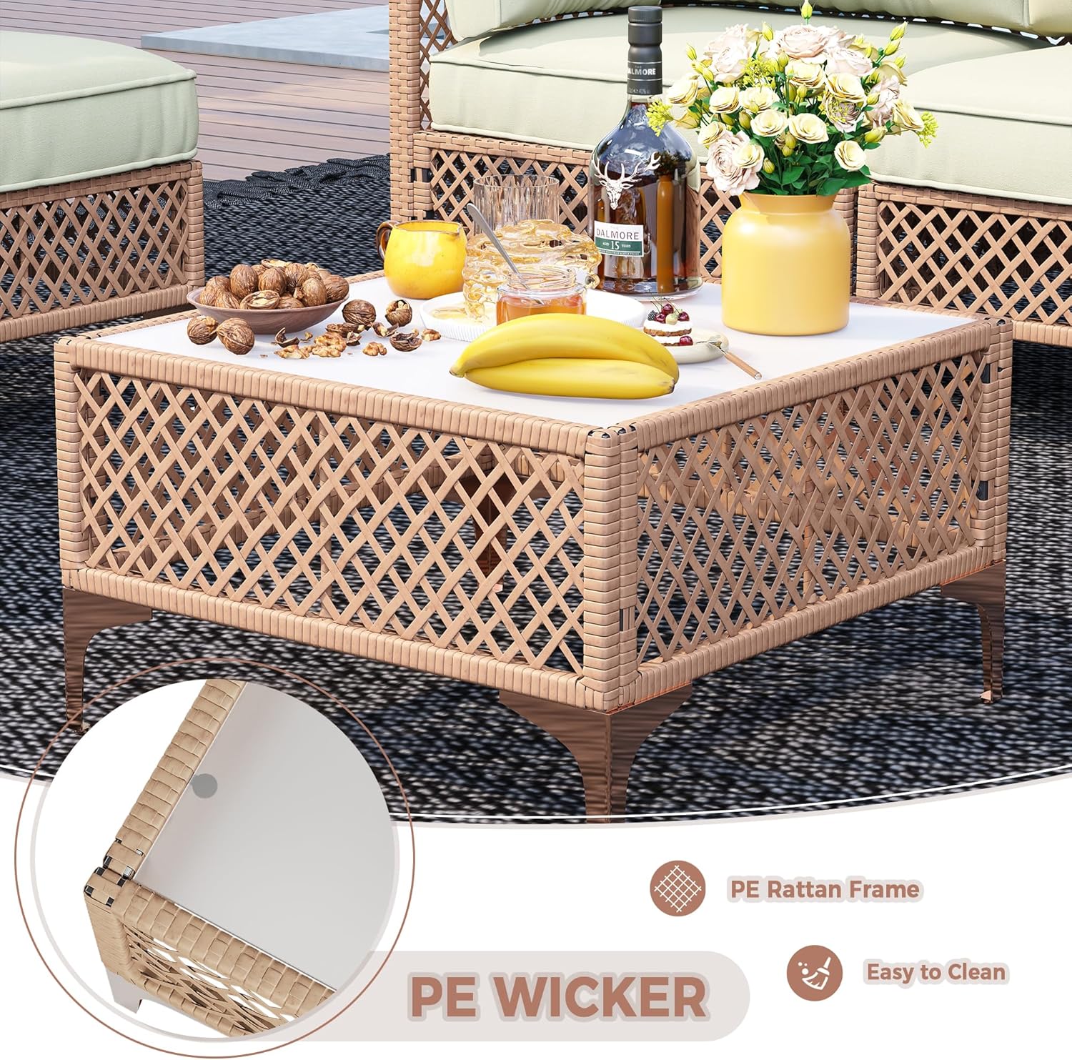 7-Piece Generous Patio Furniture Set, Wicker Outdoor Sectional Set with Large Tempered Glass Coffee Table, Boho Patio Conversation Couch Set with Thickened and Enlarged Cushion and Throw Cushion