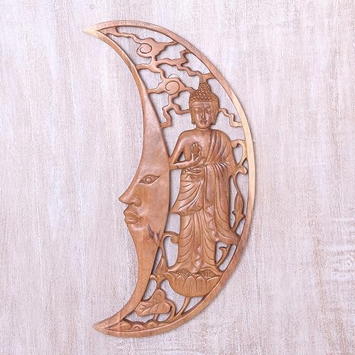 Miniatura 2 de NOVICA Panel de relieve de madera tallada a mano artesanal de Buda en luna creciente marrón, Indonesia, paneles de decoración de pared, budismo y