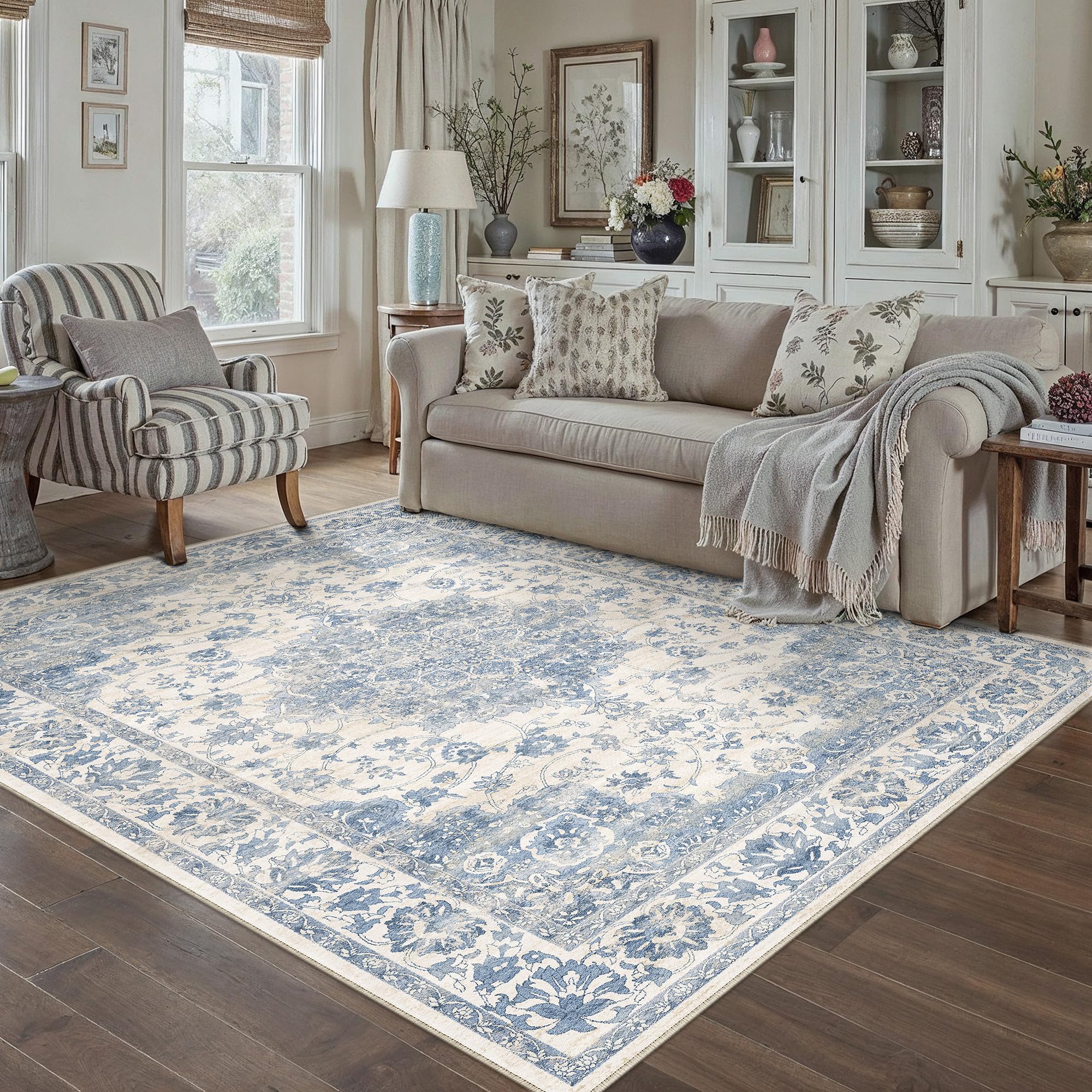 PureCozy 160x230cm Washable Blue Rugs for Bedroom Living Room, Vintage Soft Area Rugs with Non-Slip Backing, Lightweight Low Pile Printed Cosy Carpet for Kitchen Office Dining Room Playroom — image 1