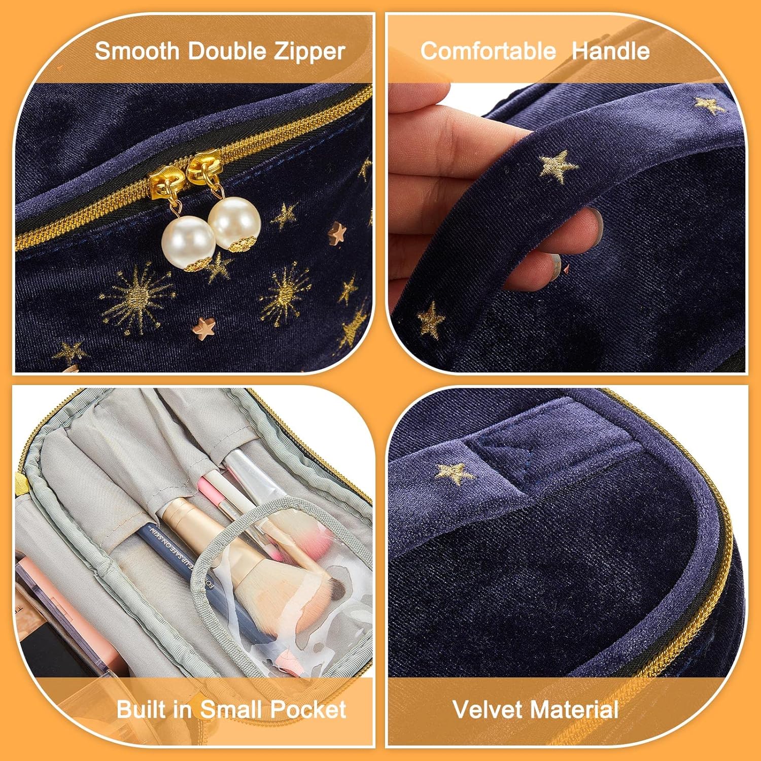 Patelai 2 Pcs Velvet Makeup Bag Moon Stars Cosmetic Bags Navy Blue Goth Embroidered Makeup Pouch Portable Travel Starry Pouch Toiletry Wash Bags Cute Storage Clutch Handbags for Women Gifts