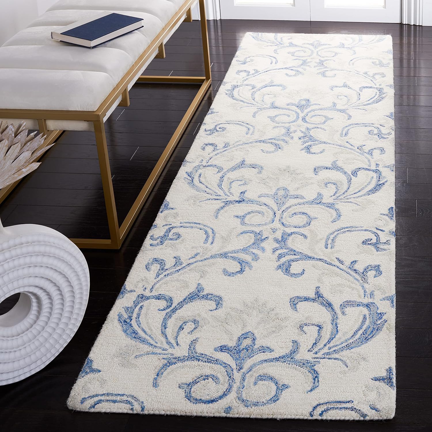 SAFAVIEH Jardin Collection Runner Rug - 2'3" x 8', Ivory & Blue, Handmade Floral Wool, Ideal for High Traffic Areas in Living Room, Bedroom (JAR154A)