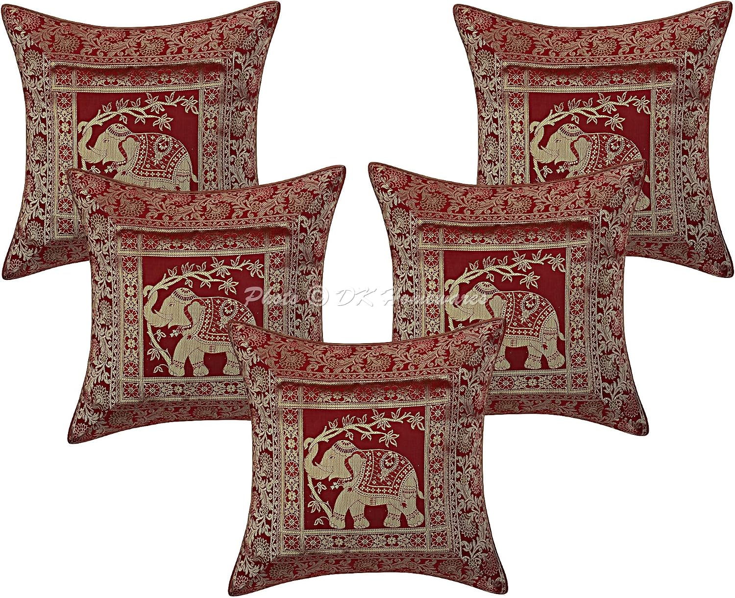 Indian Throw Pillow Covers 16 Inch Brocade Jacquard Weave Ethnic Square Elephant Cushion Covers (Size - 40x40 cm ; Color: Burgundy Maroon) - Set of 5 Pcs (Cover Only)