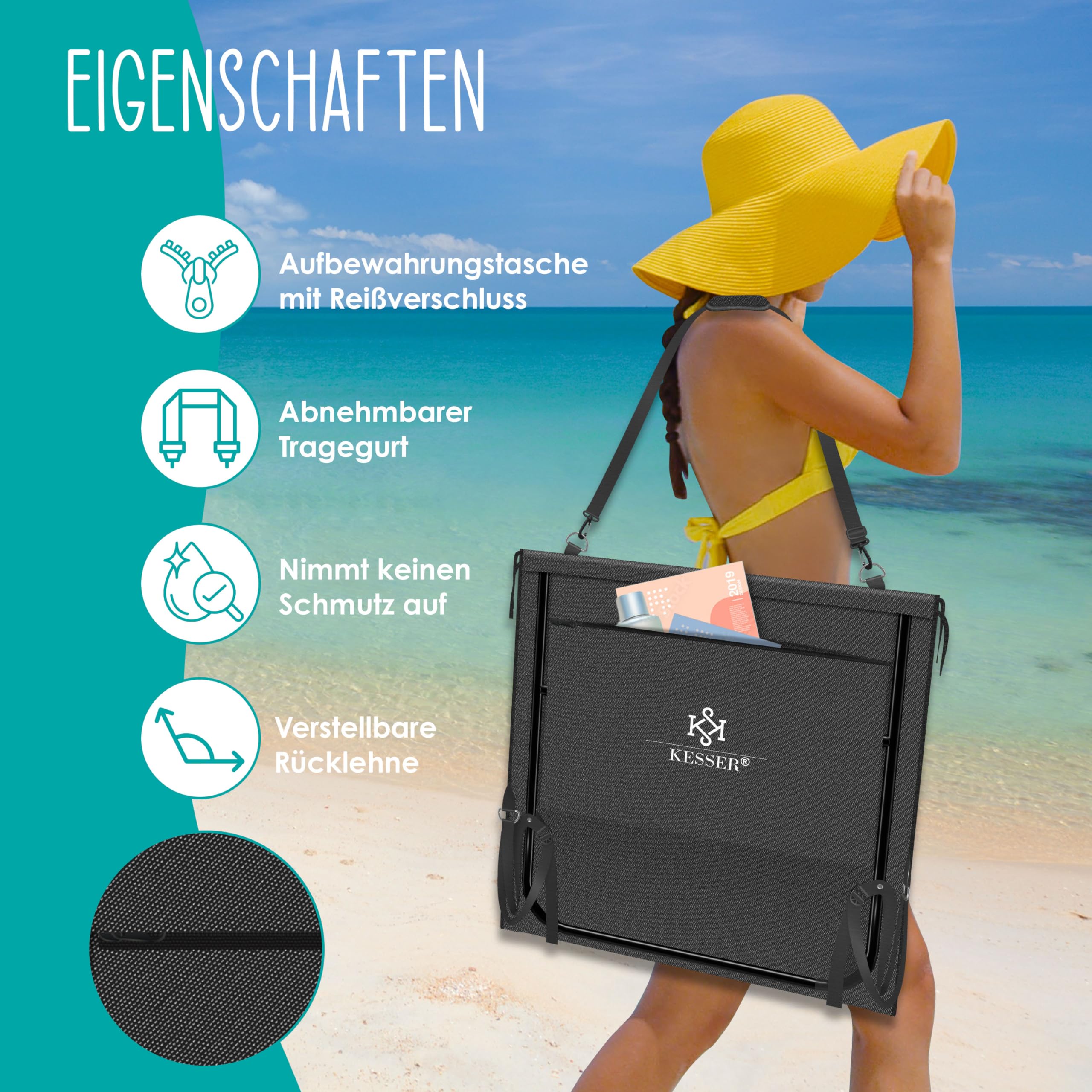 KESSER® Set di 2 materassini da spiaggia pieghevoli con schienale regolabile, tracolla e borsa, portata massima 130 kg – Lettino prendisole per spiaggia, giardino e terrazza