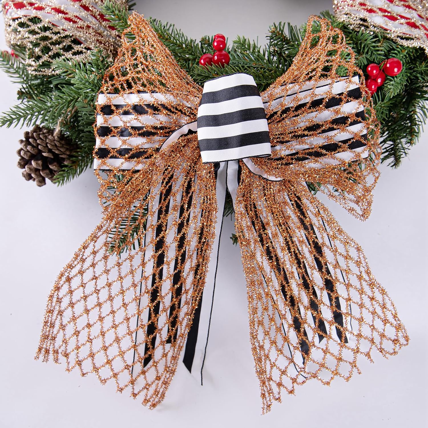 Copper/Terracotta Christmas Stretchable Glitter Mesh Wired Ribbon Wide 2.5" to 7" for X-mas Tree,Fall Wreaths Supplies,Home Decor,Gift Wrapping,DIY Crafts, 2.5”x5 Yardsx1 Rolls (Copper) image 5