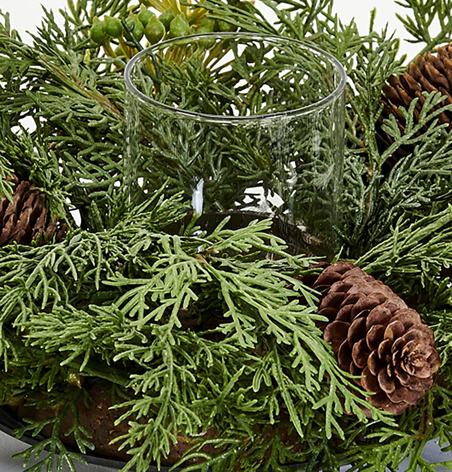 15" Artificial Real Look Cypress Pine Cone Christmas Centerpiece with Votive Glass Candle Holder