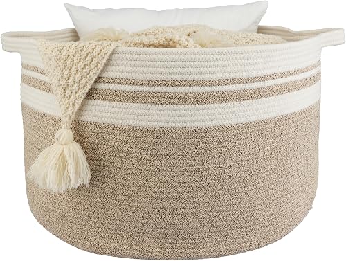 XUANGUO Large Cotton Rope Basket Blankets Basket Living Room 22"x14" Toy Basket for Kids Rope Storage Basket for Nursery Woven Laundry Basket for Clothes Towels Baby Toy Storage round white brown
