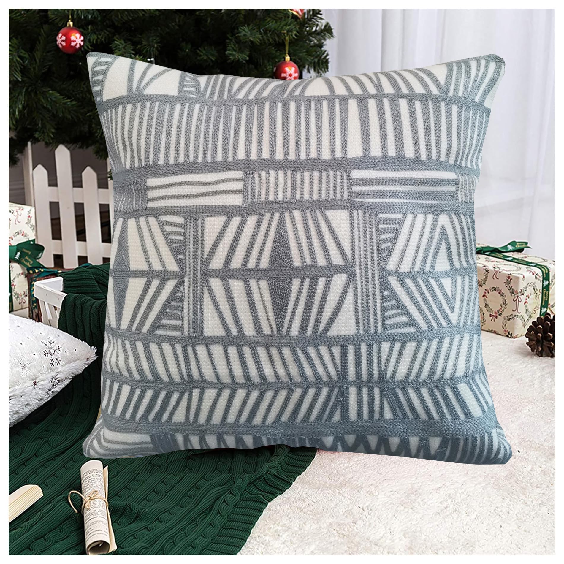 Aitliving Decorative Throw Pillowcase Boho Tribal Pattern 1 pc Silver Grey and White Geometric Bolero 18x18 inch Accent Pillow Cushion Cover Modern Boho Embroidery Cotton Canvas