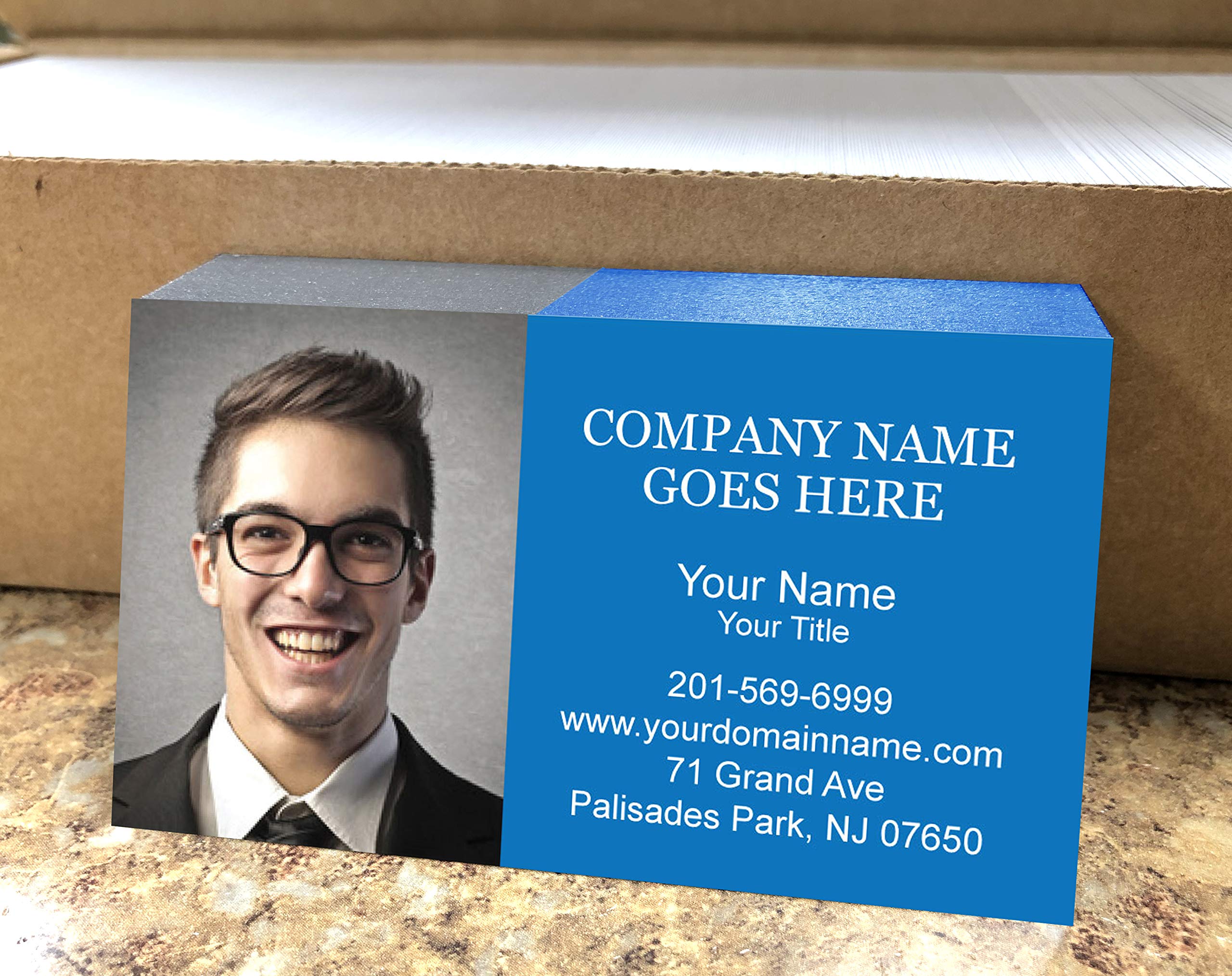 Custom Business Card with Picture or Logo, 2sides Printing, 16pt cover (350gsm-Thick paper), MADE IN U.S.A. (Matte Finishing, Blue)
