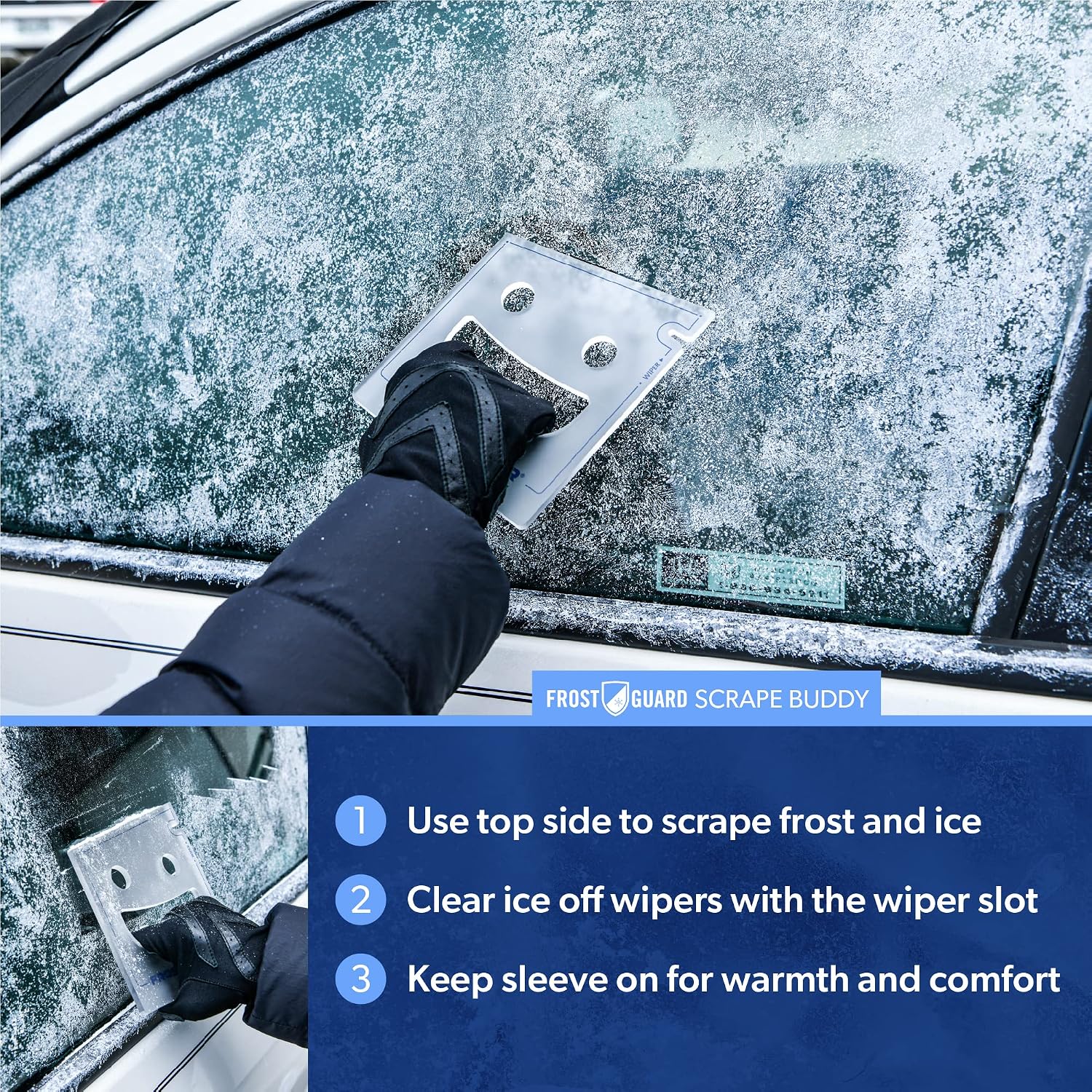 FrostGuard Scrape Buddy Car Ice Scraper Scrape with a Smile - Quickly Remove Frost, Ice and Snow from Your Vehicle Windows and Wiper Blades - Acrylic with Comfort Neoprene Sleeve - Clear Frost