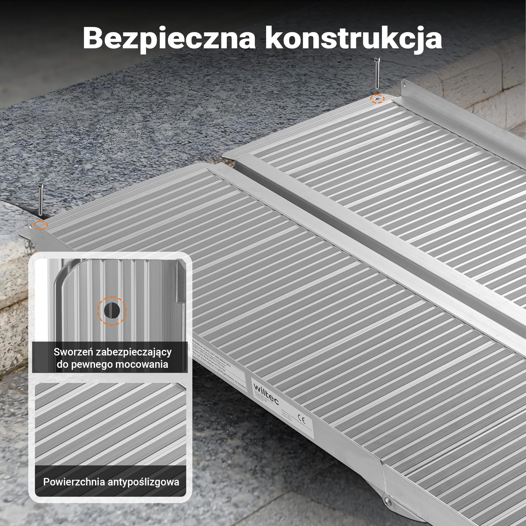 Wiltec Rampa dla wózków inwalidzkich, 1830 x 720 x 50 mm, udźwig 270 kg, aluminiowa – profil antypoślizgowy – 2 x ruchoma składana rampa najazdowa do wózków inwalidzkich, dla osób niepełnosprawnych