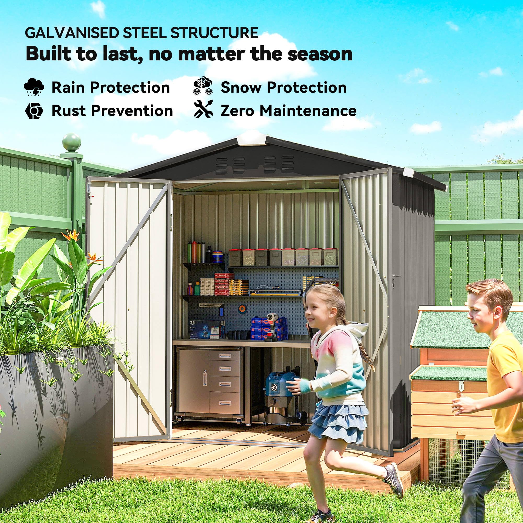 Outsunny 6.5' x 4' Outdoor Storage Shed, Metal Garden Shed with Lockable Double Doors, 4 Vents, Tool Storage House for Outdoor Patio Yard, Light Grey - 3