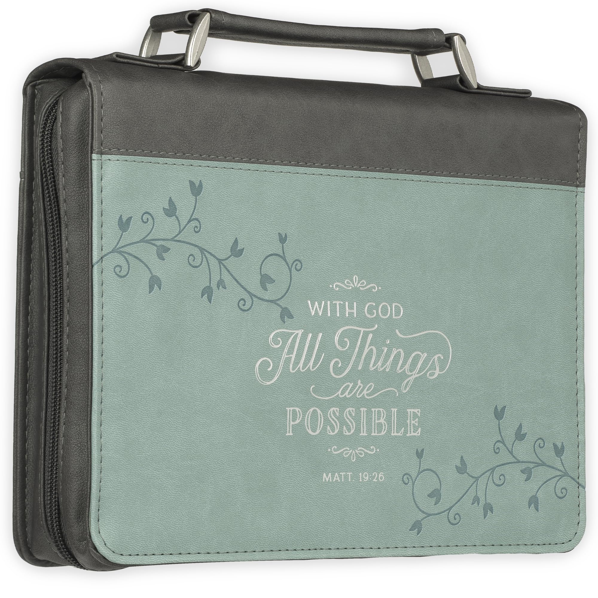 Christian Art Gifts Women's Fashion Bible Cover All Things are Possible Matthew 19:26, Gray and Light Blue Vines Faux Leather, XL