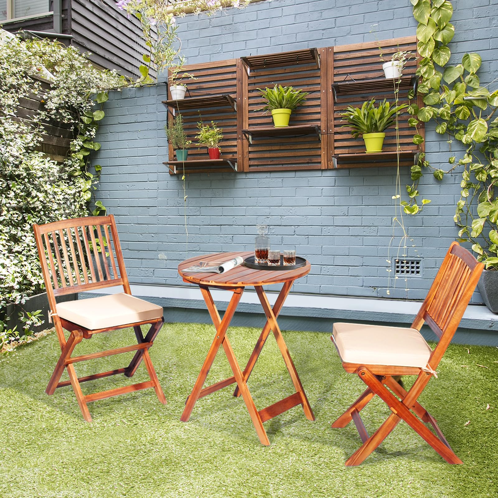 KOMFOTTEU Set da Bistrò Pieghevole, Tavolo Portato 40 kg, Sedie con Cuscini Portato 160 kg, Set Giardino, Set Tavolo e Sedie da Giardino, Set da Esterno per Balcone (Cuscini Beige)