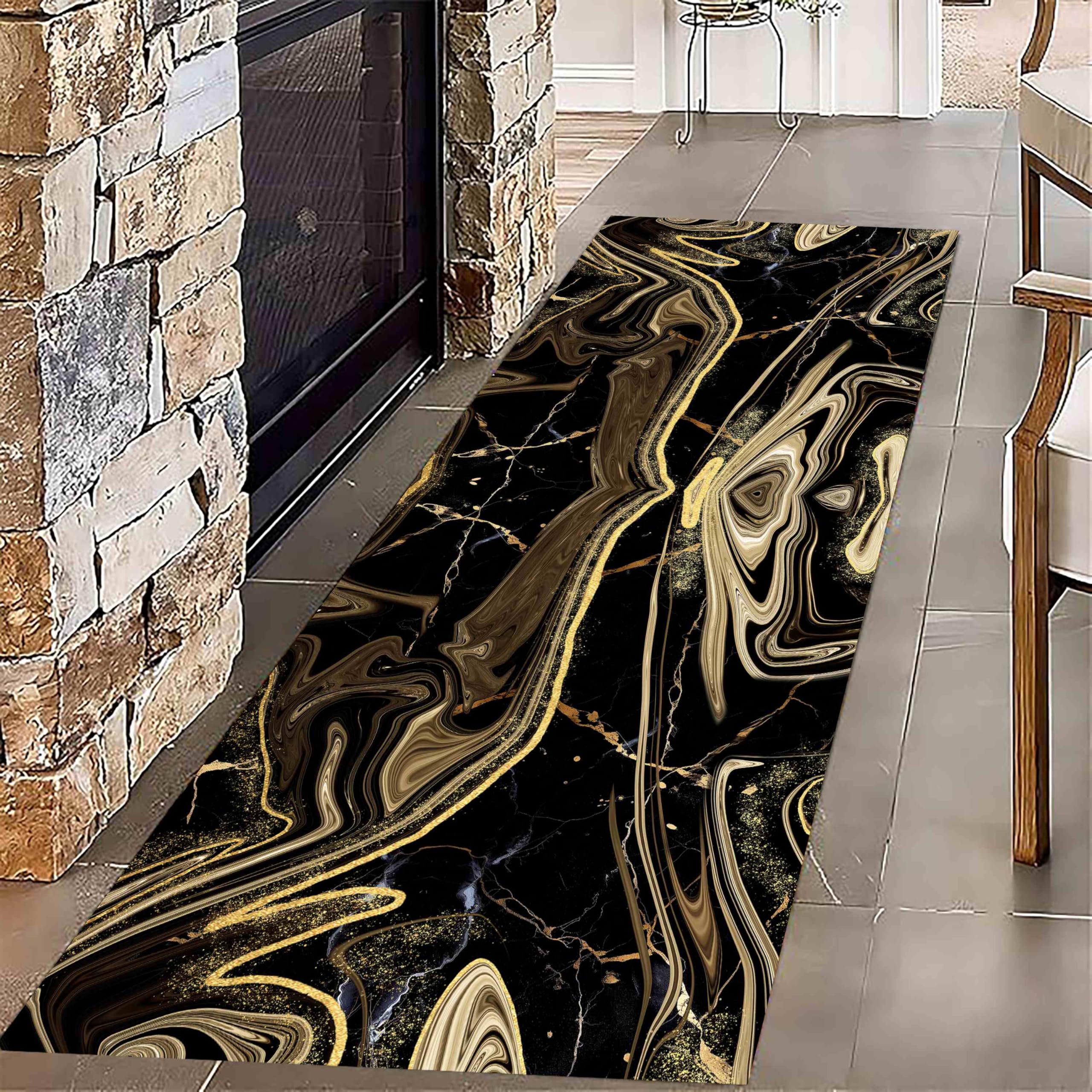 USHIRUG Entrance Hallway Runner Rug,60x200cm, Luxury Black Gold Marble Texture Abstract Geometric Design Washable Area Rug, Modern Indoor Non-Slip Long Runner Rugs for Laundry Room Foyer Bedside — image 1