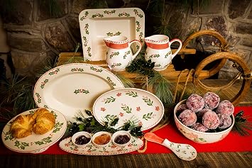 Euro Ceramica Natal Collection Festive 13.8 Ceramic Oval Serving Platter, Holiday Holly Design, Multicolor