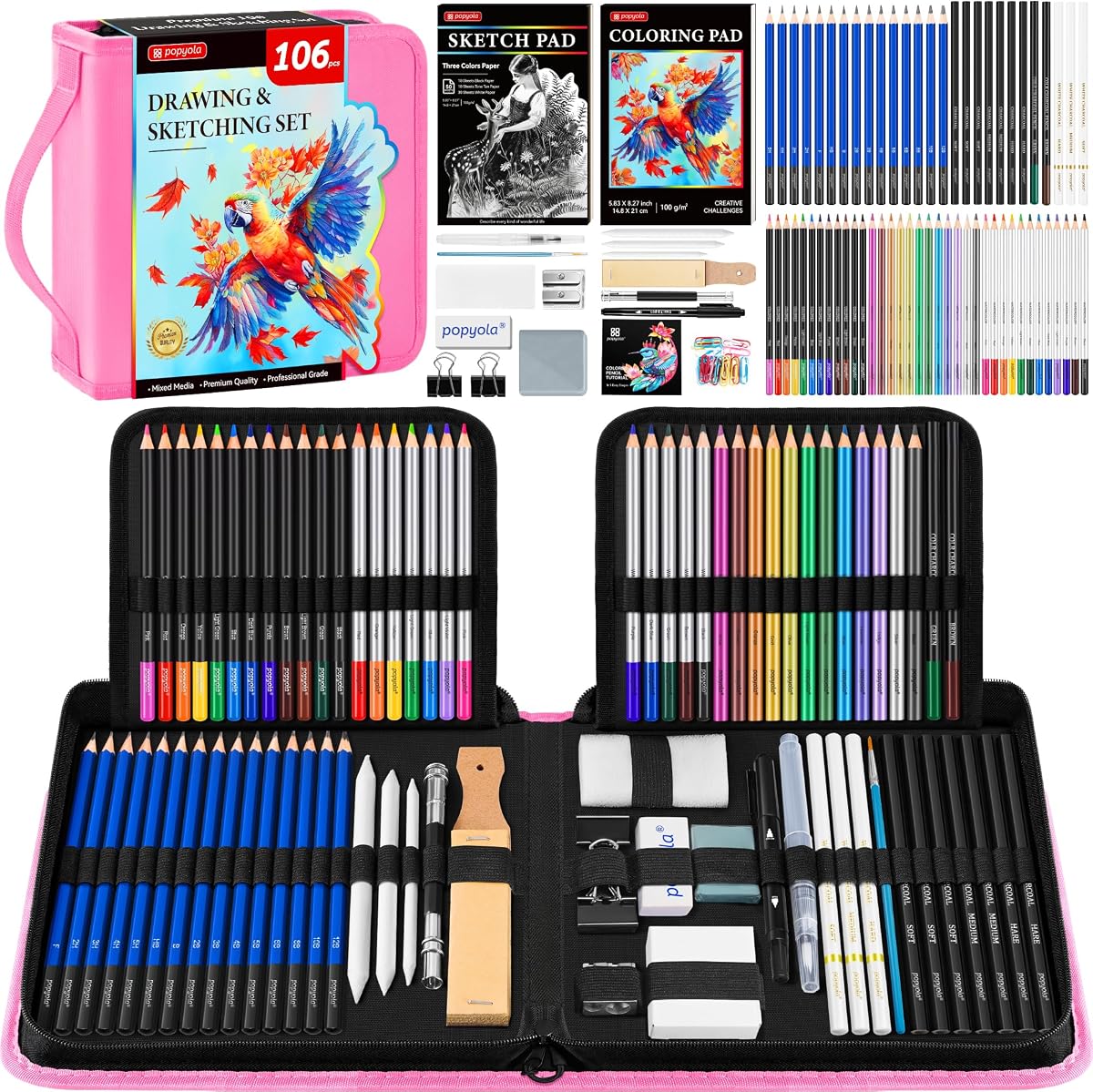 106 Pack Drawing Set Sketching Kit, Pro Art Supplies Sketch Pencils Set | with 3-Color Sketchbook, Coloring Book, Tutorial, Graphite Colored Charcoal Watercolor & Metallic Pencils