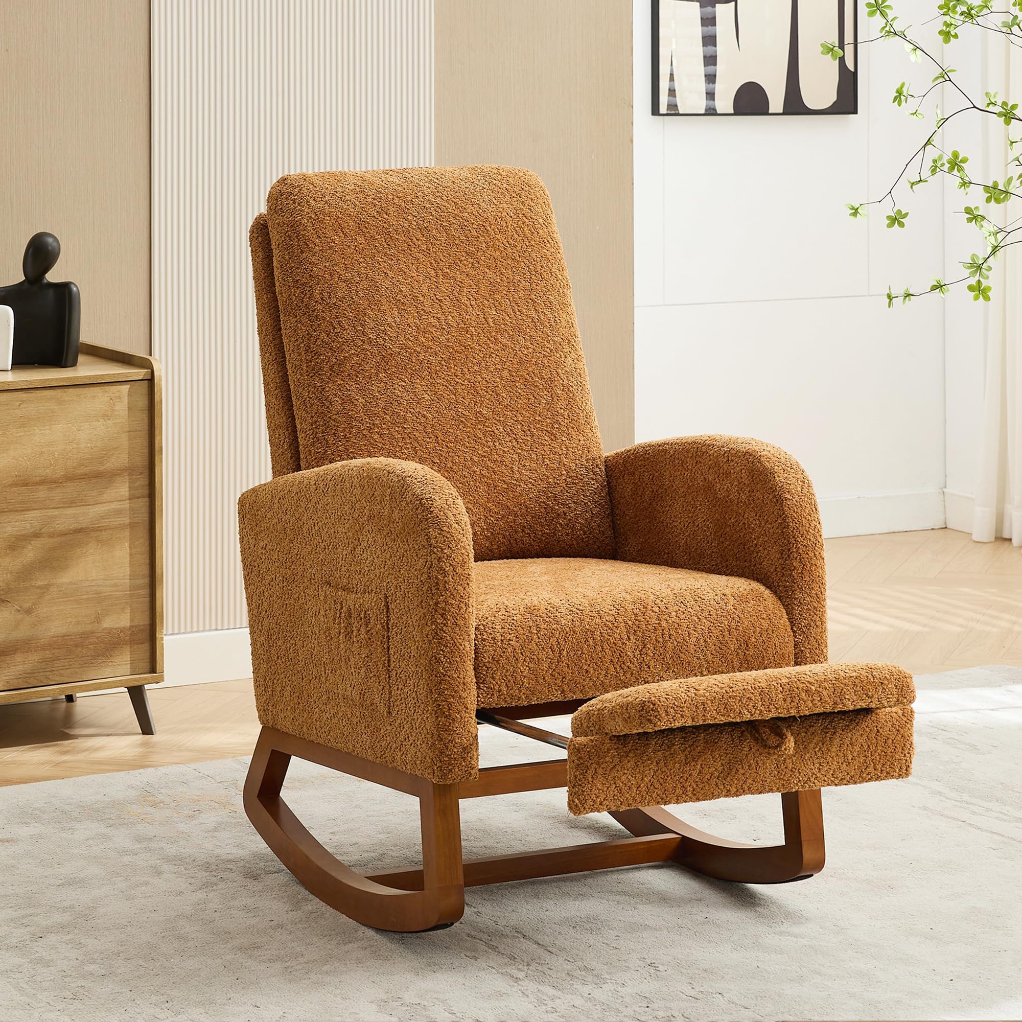 Nursery Rocking Chair with Foot Rest, Upholstered Glider Chair with Two Side Pockets, High Back Nursing Chair, Rocker Accent Armchair for Bedroom Living Room (Caramel)