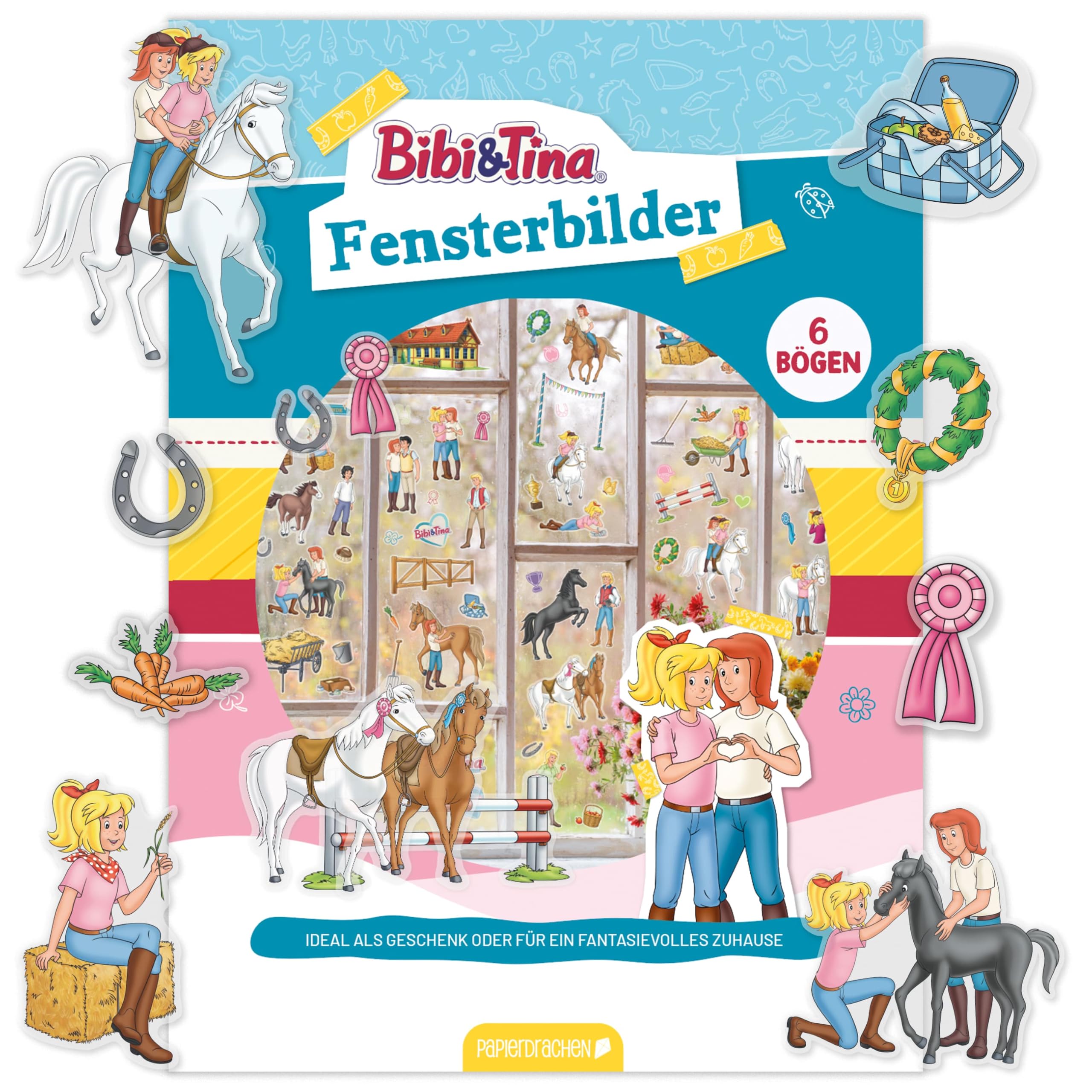 Papierdrachen WTD Fensterbilder Bibi & Tina - 6 hojas de pegatinas y pegatinas, estáticas y reutilizables, decoración de caballos para habitación infantil