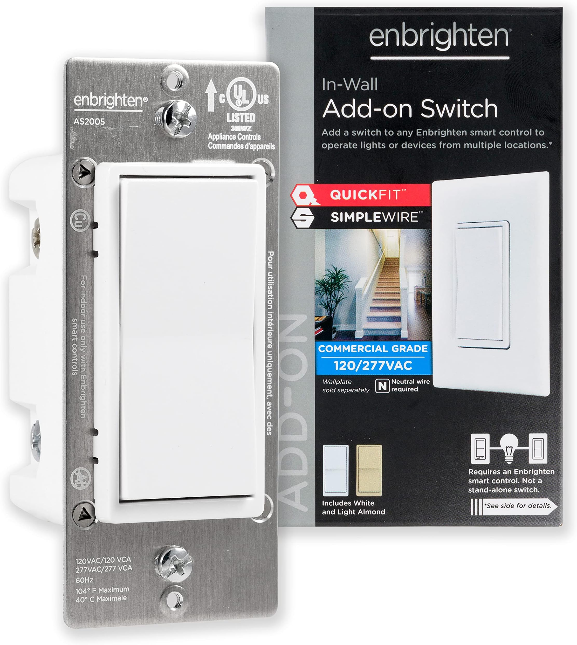 Enbrighten Add-On Switch QuickFit and SimpleWire, In-Wall Rocker Paddle, Z-Wave ZigBee Wireless Smart Lighting Controls, NOT A STANDALONE Switch, 46199 , White and Light Almond
