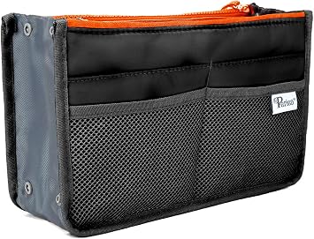 Periea Chelsy Purse Organizer Insert with Handles & 13 Pockets - 3 Sizes Black with Neon Orange Zip, Large