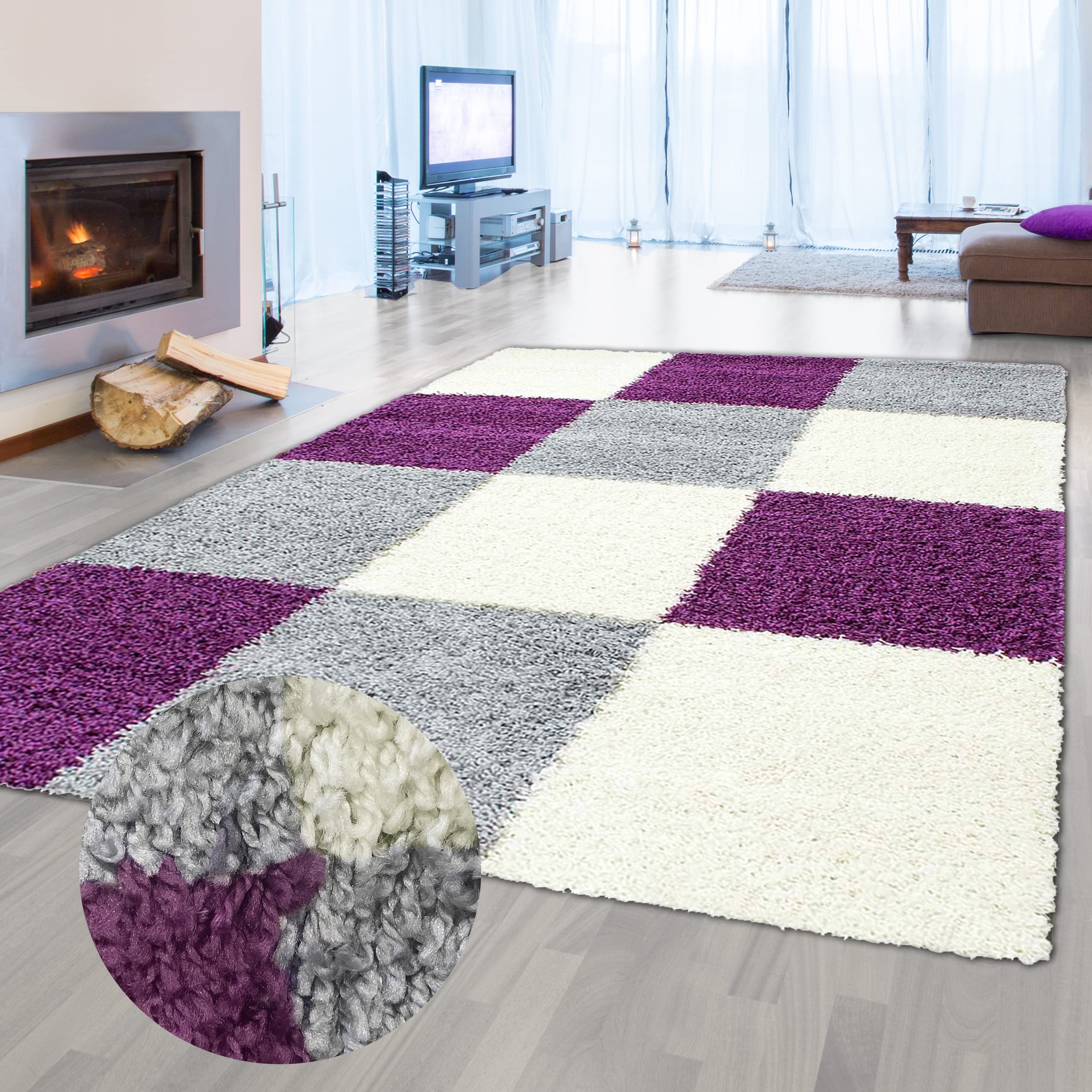 Teppich-Traum Tapis Shaggy Moelleux à Poils Longs avec Motif à Carreaux Violet Gris crème 160x230cm