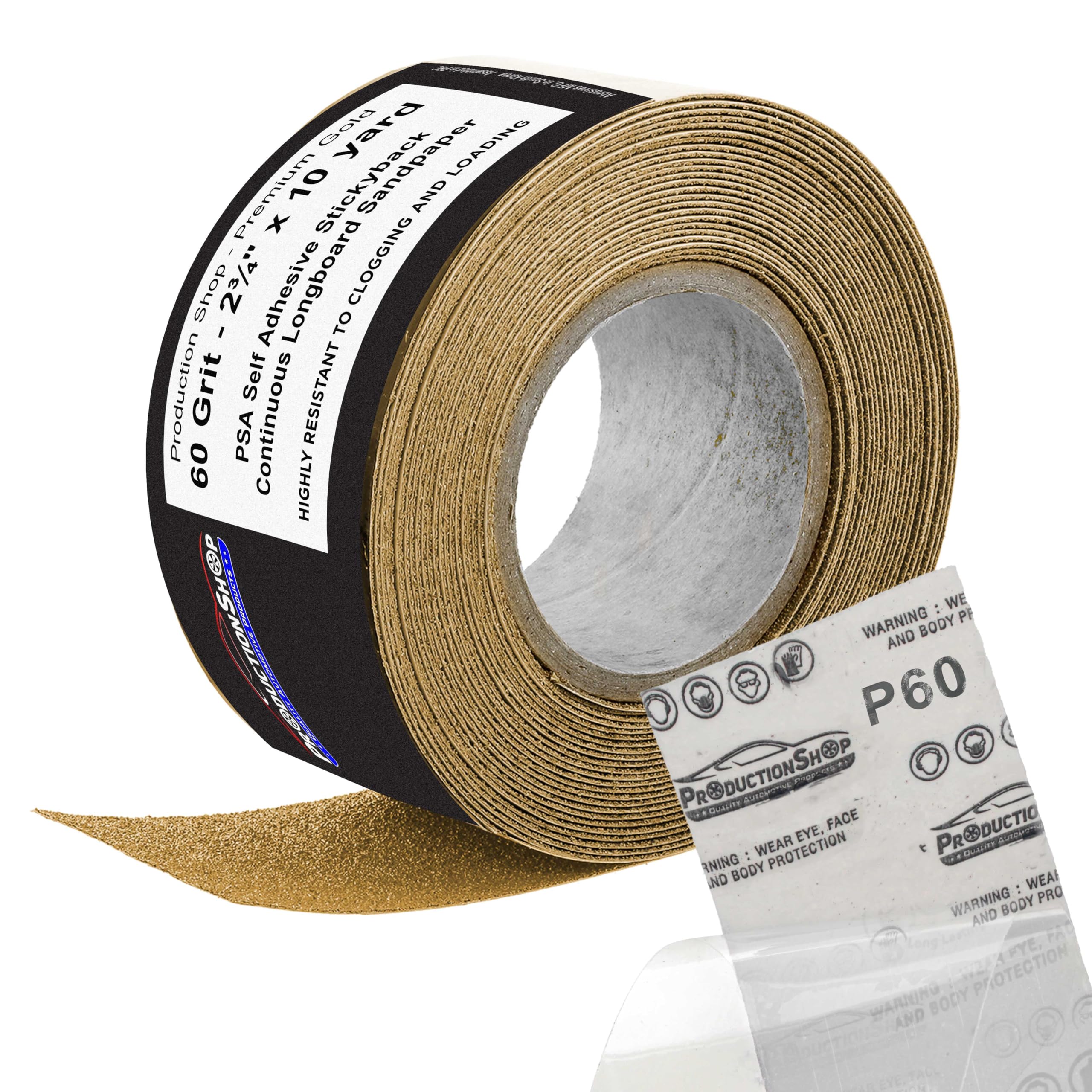 ProductionShop Premium 60 Grit PSA Gold Longboard Sandpaper, 2-3/4" Wide Continuous 10 Yard Roll - Self Adhesive Stickyback for Autobody Paint, Wood