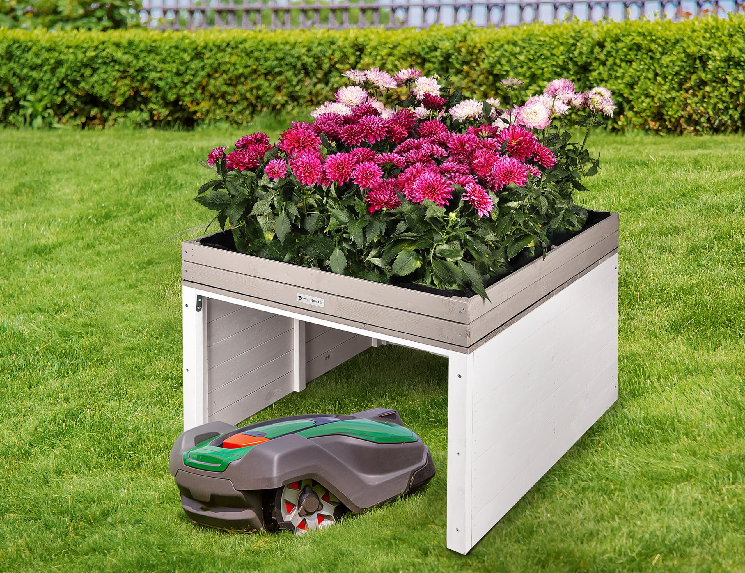 Garaje para robot cortacésped XXL universal con drenaje de agua, jardinera de madera, para robot cortacésped, cobertizo, garaje con techo plano, 78,5 x 96 x 57 cm, gris antracita y blanco