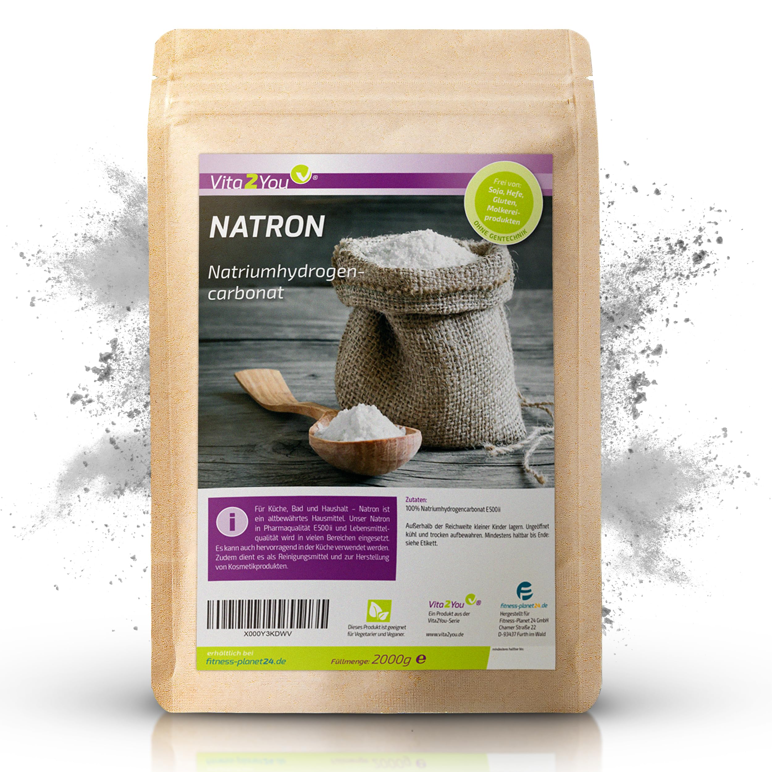 Vita2You Natron Pulver 2000g - Backpulver - Natriumhydrogencarbonat - Natriumbicarbonat - Lebensmittelqualität - Backsoda - 2kg - Premium Qualität