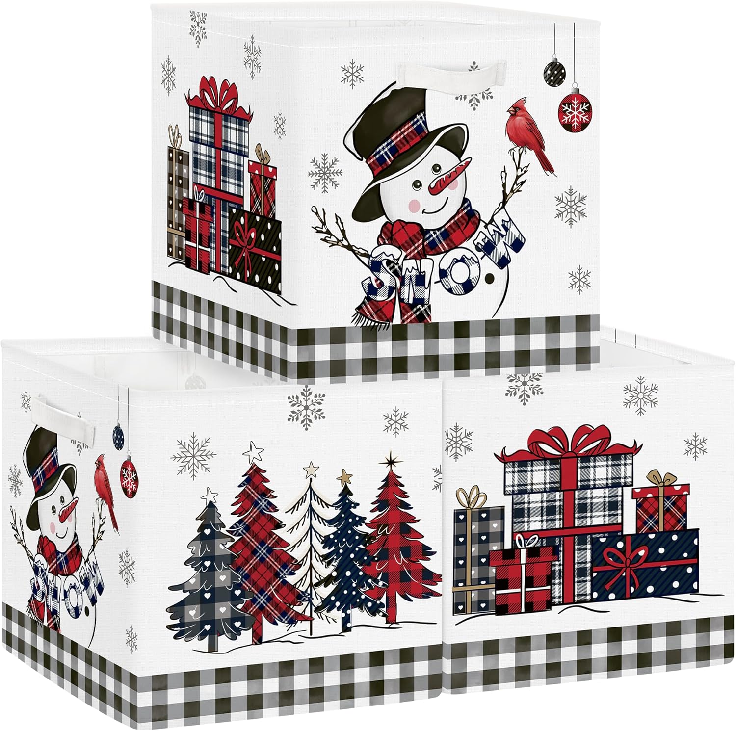 Clastyle 3 Pcs Large Christmas Tree Storage Basket Set Santa Claus Candy Snowman Book Toy Basket Snowflake Xmas Gift Storage Bins Boxes for Laundry Nursery Home,Red Black Snowman,11.8x11.8x11.8 in