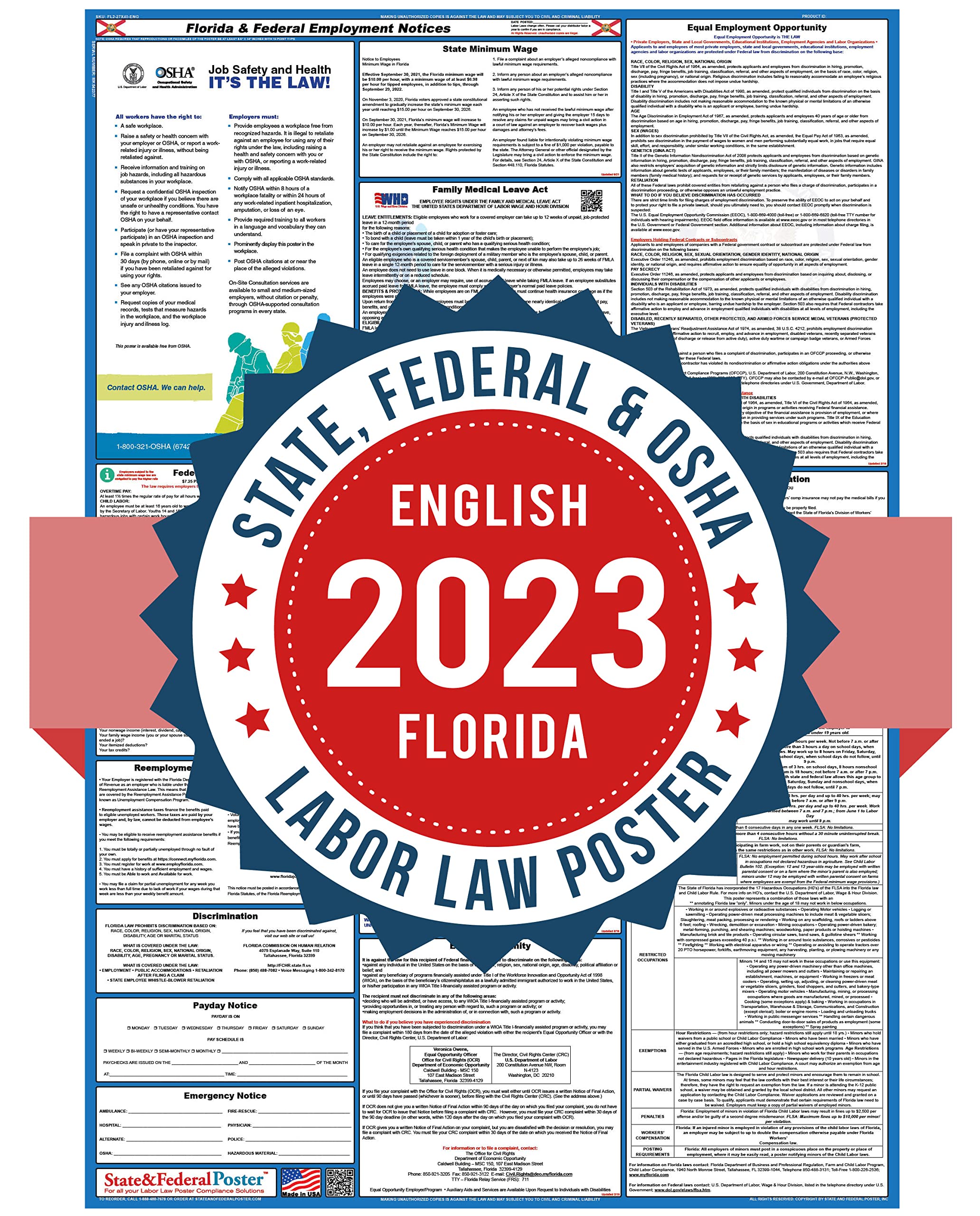 Amazon.com : State Labor Poster (FL-2017-EN) Compliance Audit Center  Florida State and Federal Labor Laws 2019 Poster 24" x 36" Blue 1 Pack :  Office Products