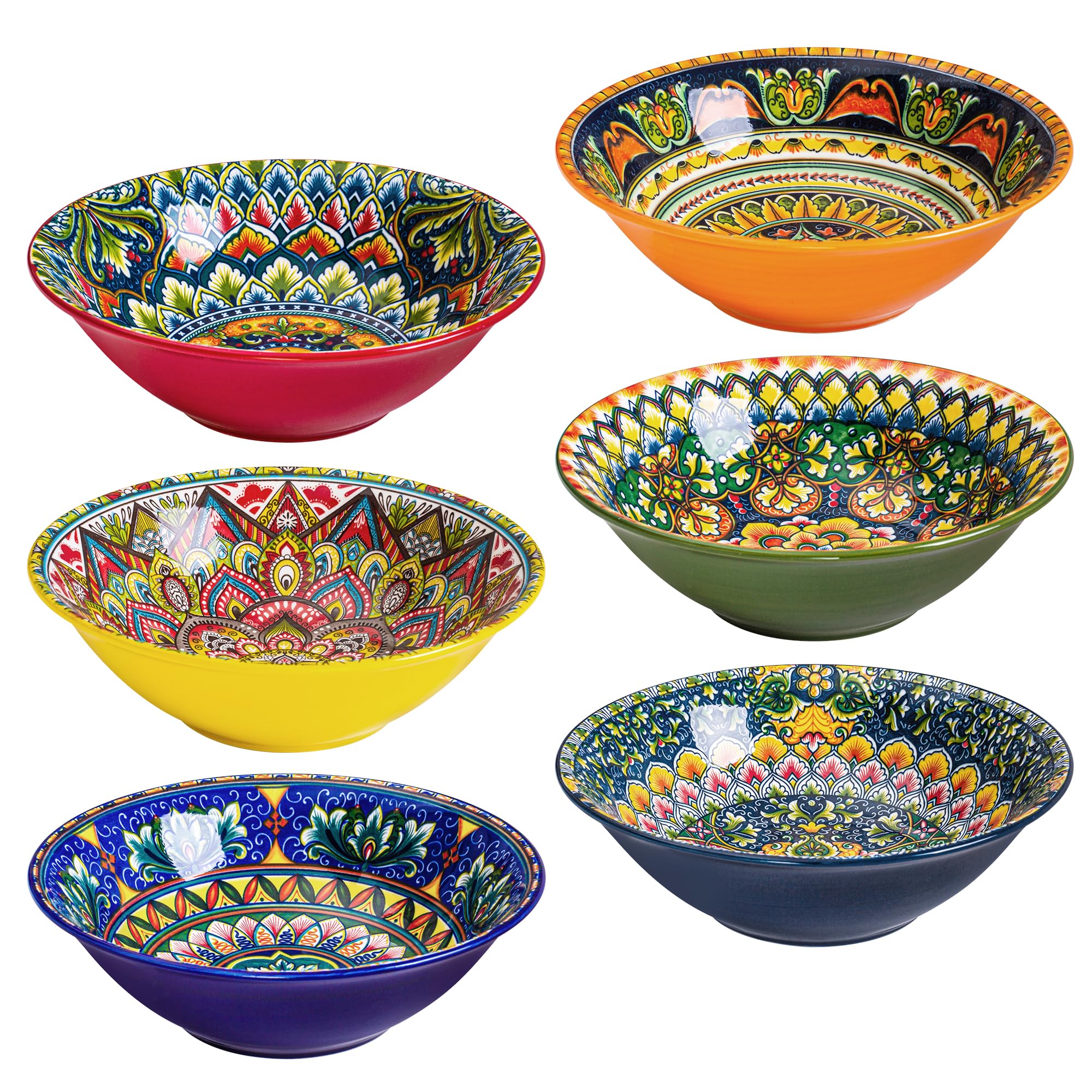 Henten Home Ciotole per Zuppa, Piatti Fondi Colorati in Ceramica - 900ml - Set di 6, Ciotole per Zuppa/Grandi Insalatiere Adatti al Forno a Microonde e Lavastoviglie - Stile Boho