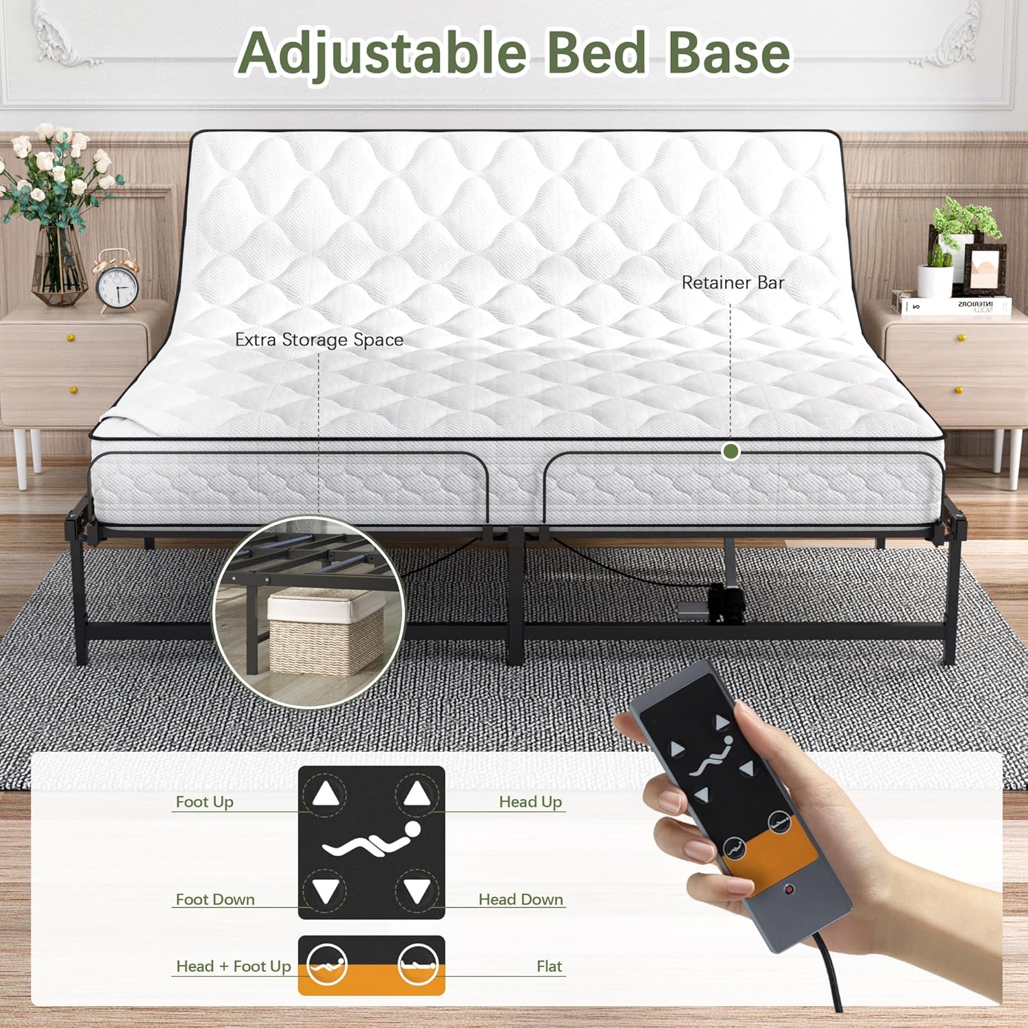 JAXPETY Adjustable Bed Frame King Electric Adjustable Bed Base with Head and Foot Incline Low-Noise Motor and Remote Control, Electric Bed Frame Fit for Most Mattress, Black