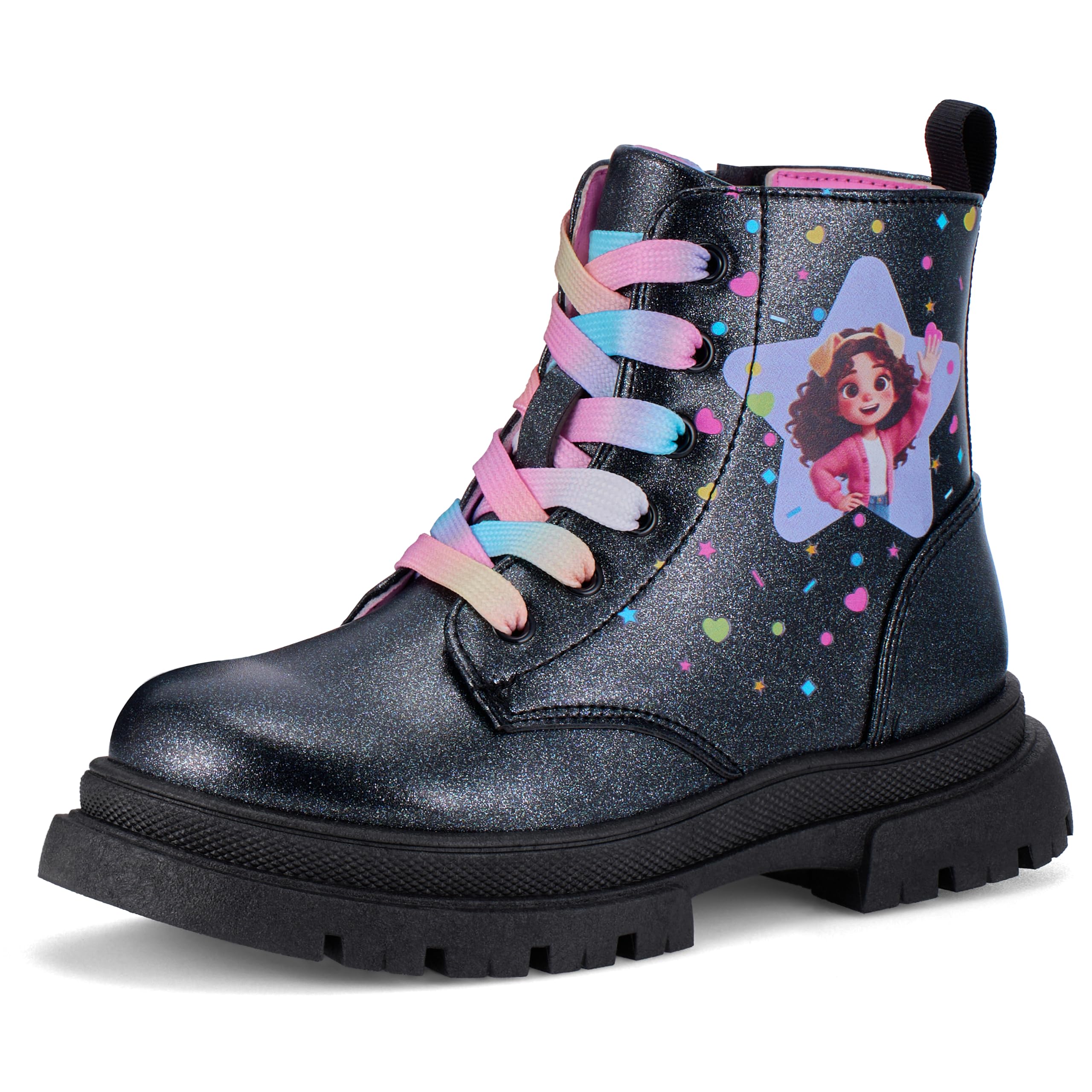 Viapipa Girls Black Combat Ankle Boots Glitter with Front & Side Zippers | Girls' glittery round-toe ankle boots with waterproof platform sole & cushioned footbed for indoor & outdoor comfort