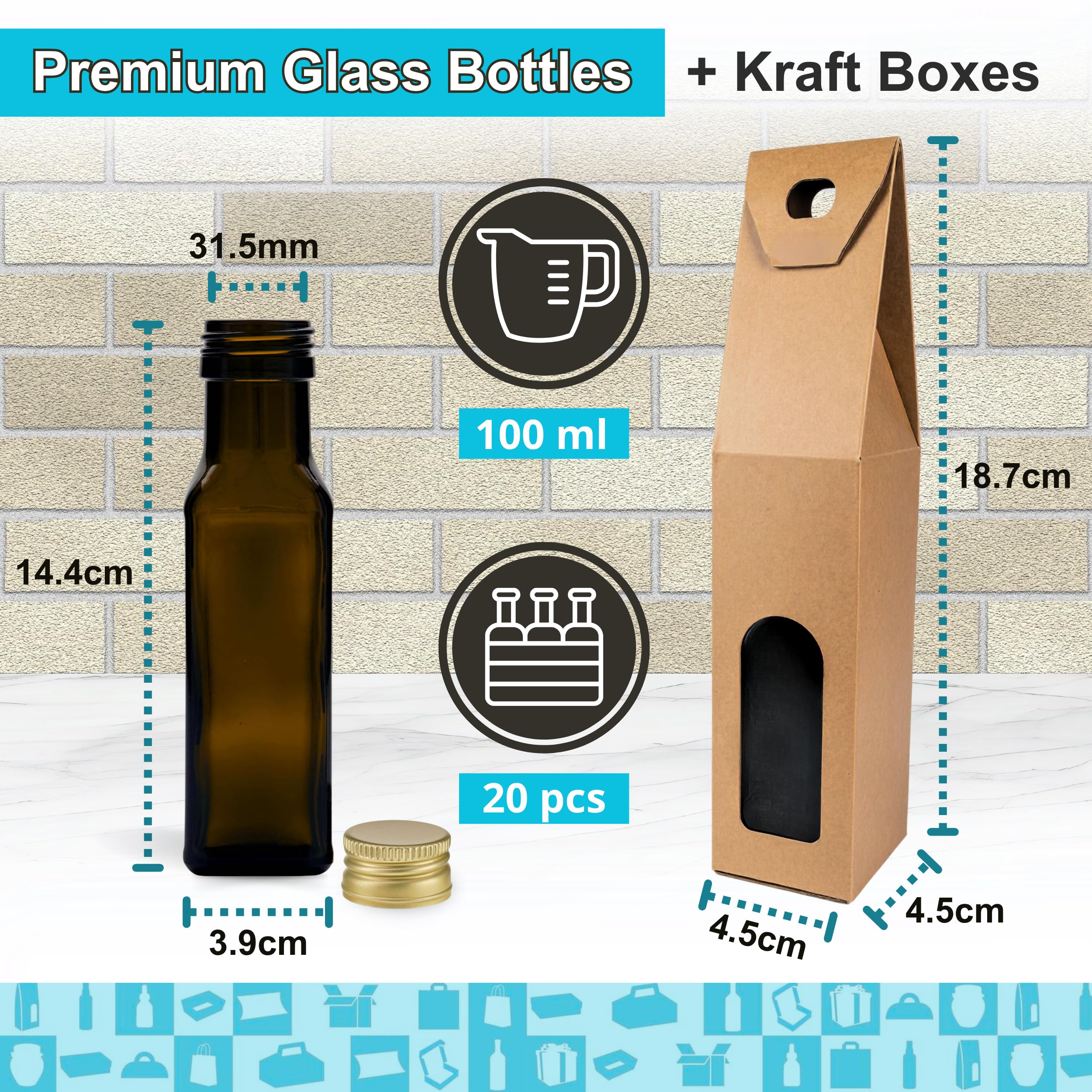 Espirito Rebelde 20 Botellas de Cristal Oscuro 100 ml con Tapón de Rosca Dorado + 20 Cajas – Botellas Pequeñas para Aceite de Oliva, Vinagre, Alcohol, Salsas, Poción Mágica – Muestras