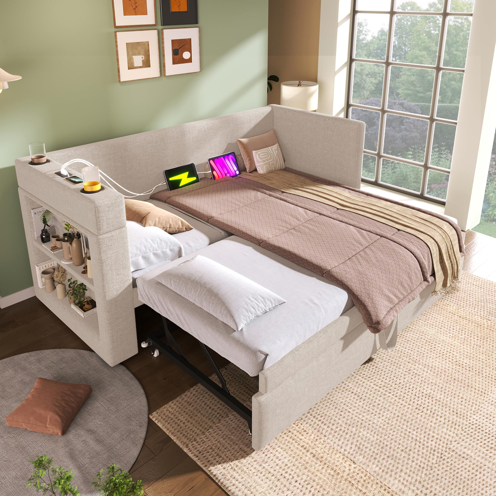 Cama de día multifunción para jóvenes, 90 x 190 cm, cama nido con puertos USB Type-C y USB y soporte para bebidas, cama infantil, cama tapizada, cama plegable, cama de invitados, beige (sin
