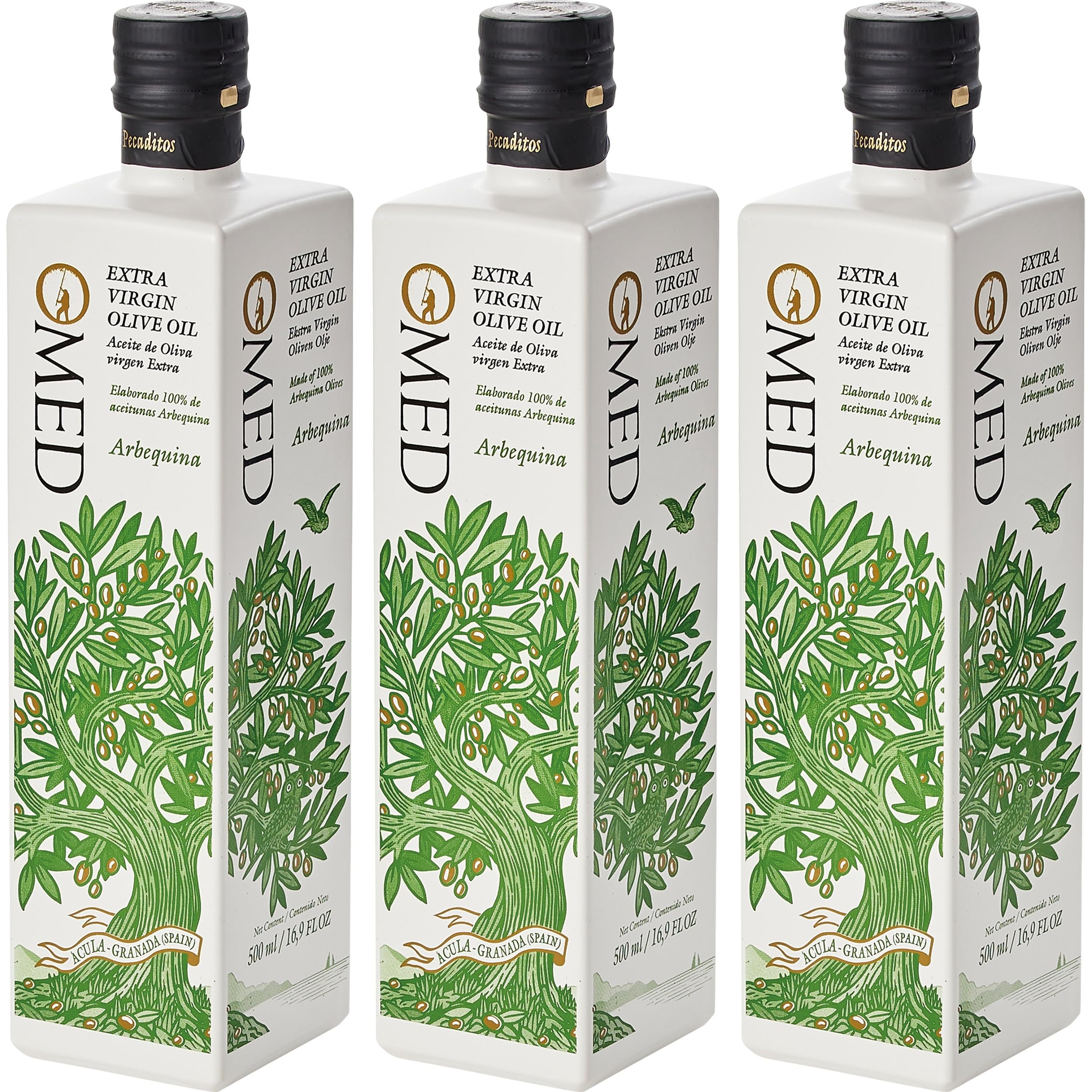 O Med Arbequina Olivenölflasche Spanien inkl. FeinWert E-Book (3 x 0.5 l)