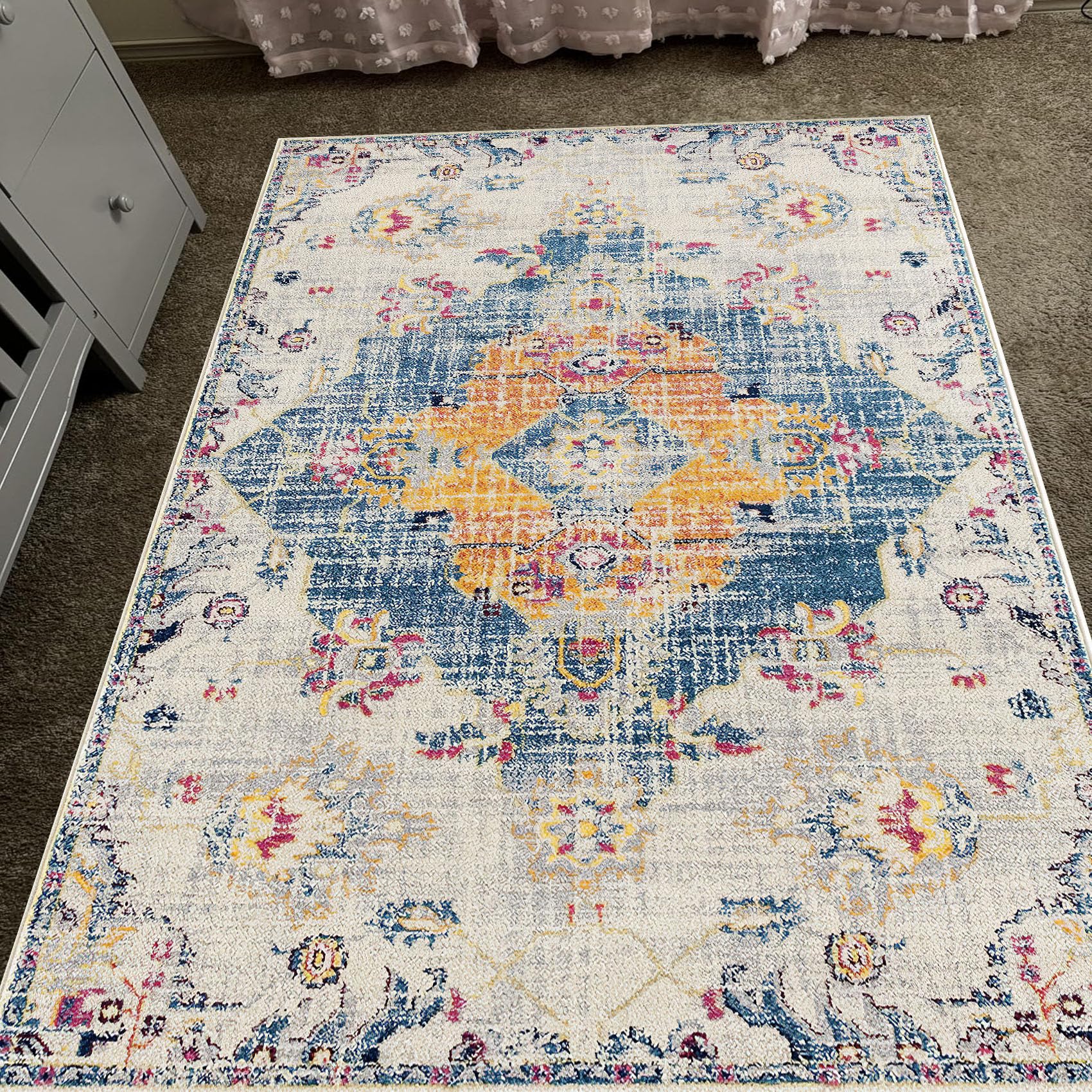 Tapis vintage floral pour chambre et salon effet antique jaune 200x290 cm