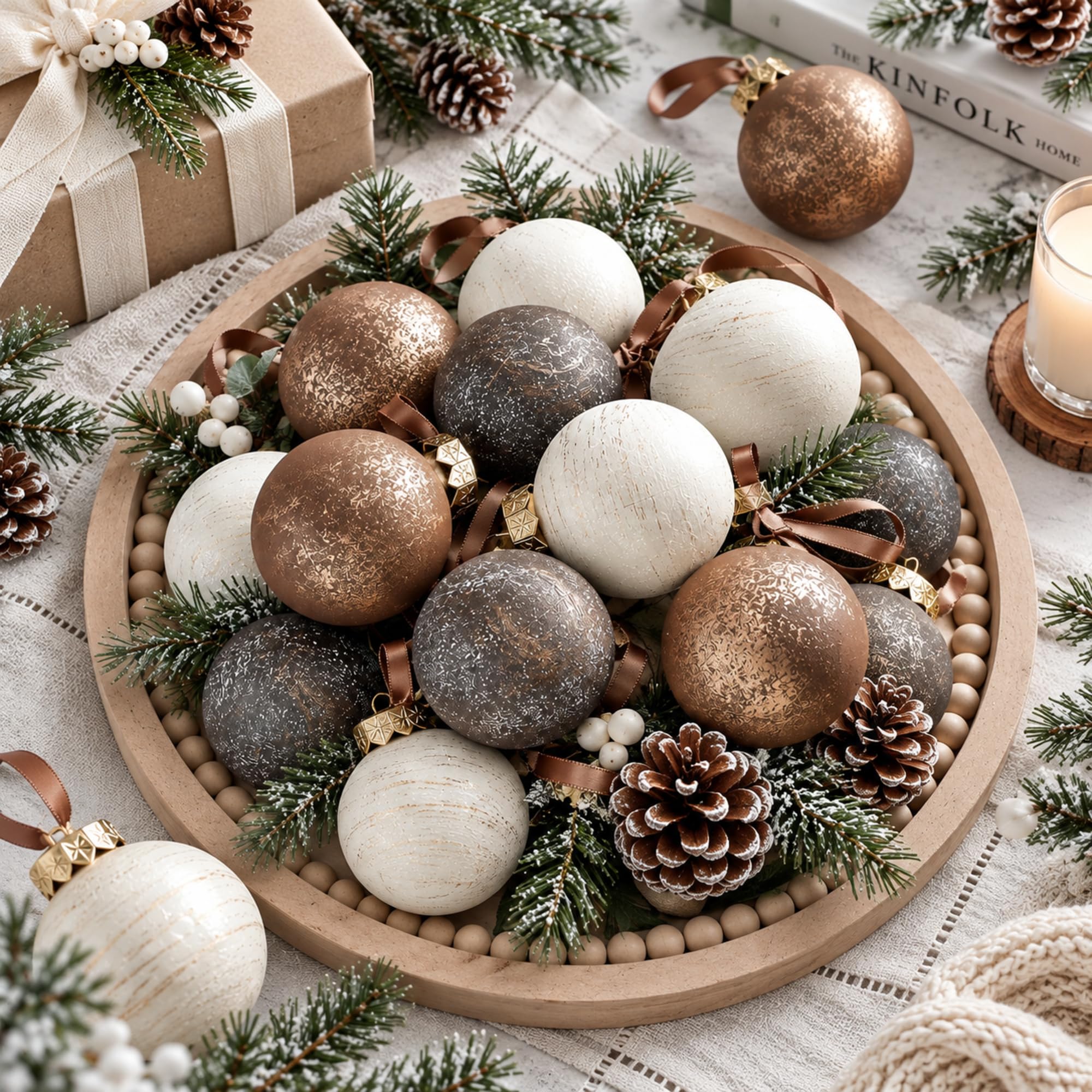 Yunlly Strukturierte Weihnachtskugel-Ornamente, 5,9 cm, neutraler Weihnachtsbaumschmuck, modern, Vintage, braun, hängende Dekoration, bruchsicher, Heimschmuck für rustikales großes Bauernhaus Küche, Haushalt & Wohnen