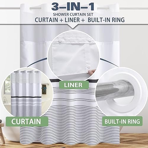 Miniatura 5 de Cortina de ducha bohemia en blanco y negro, tela de hotel a rayas negras, sin gancho, lavable a máquina con forro a presión para baño, bañera, spa,