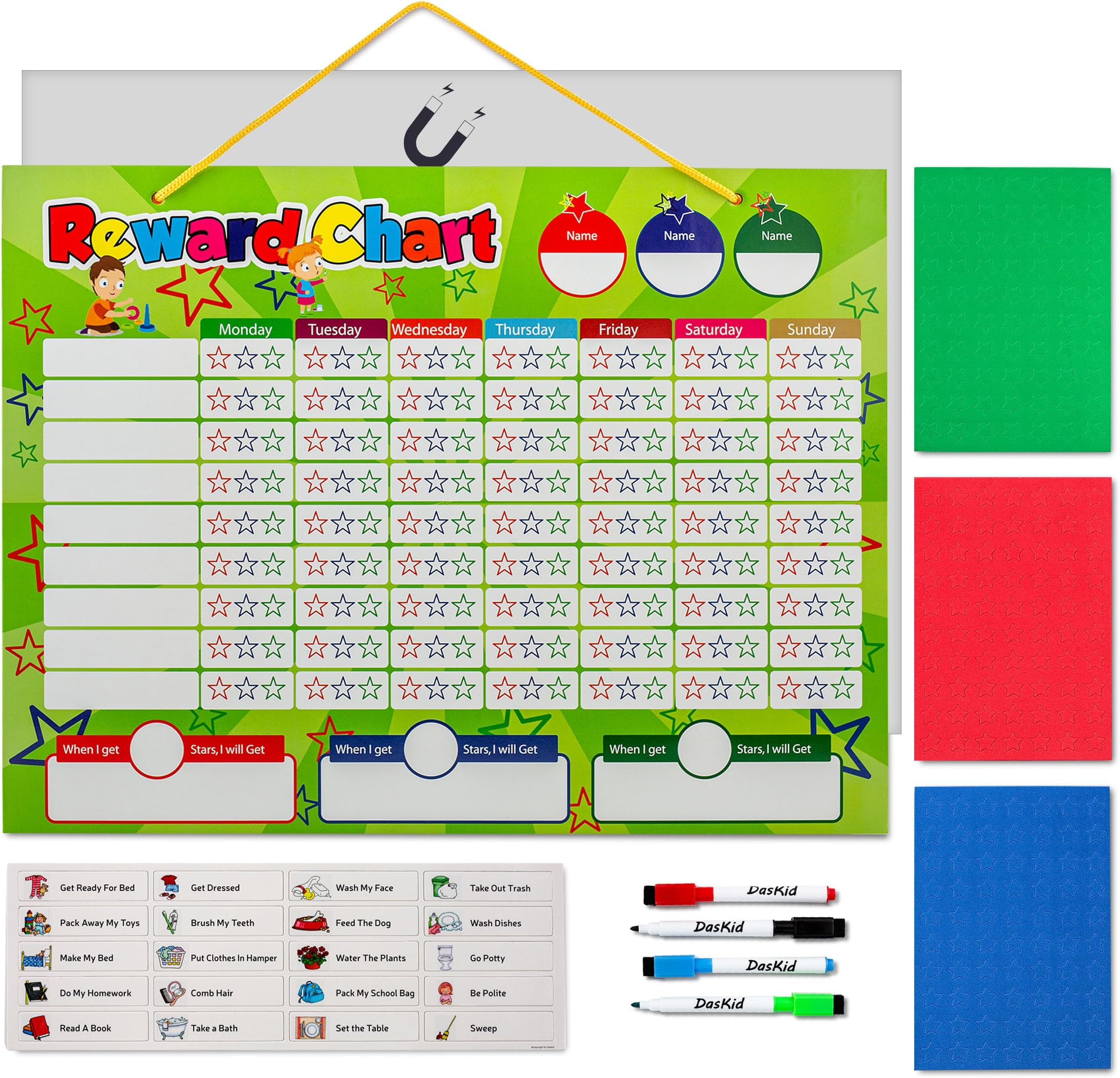 Magnetic Reward Chart Set Includes: 20 Magnetic Chores, 210 Magnetic Stars & 4 Color Dry Erase Markers & Dry Erasable Behavior Chart Board 16 x 12, Magnetic Backing For Fridge + Hanging loop for Wall,