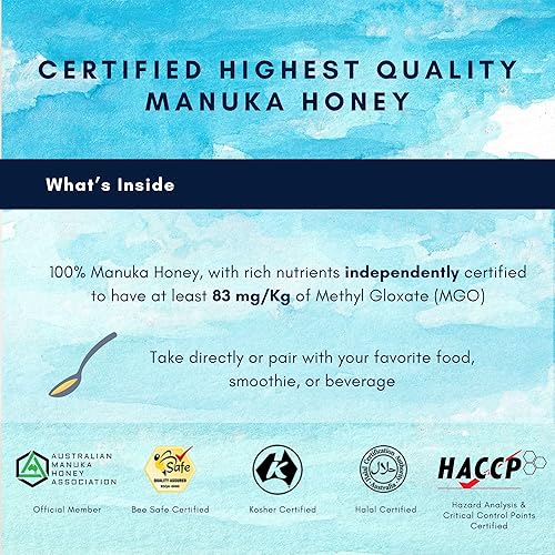 Miniatura 3 de Honey Australia Miel de Manuka MGO 83+  17.6 oz  Miel cruda, orgánica, pura para cocinar, hornear, adobos y bienestar  Edulcorante natural y