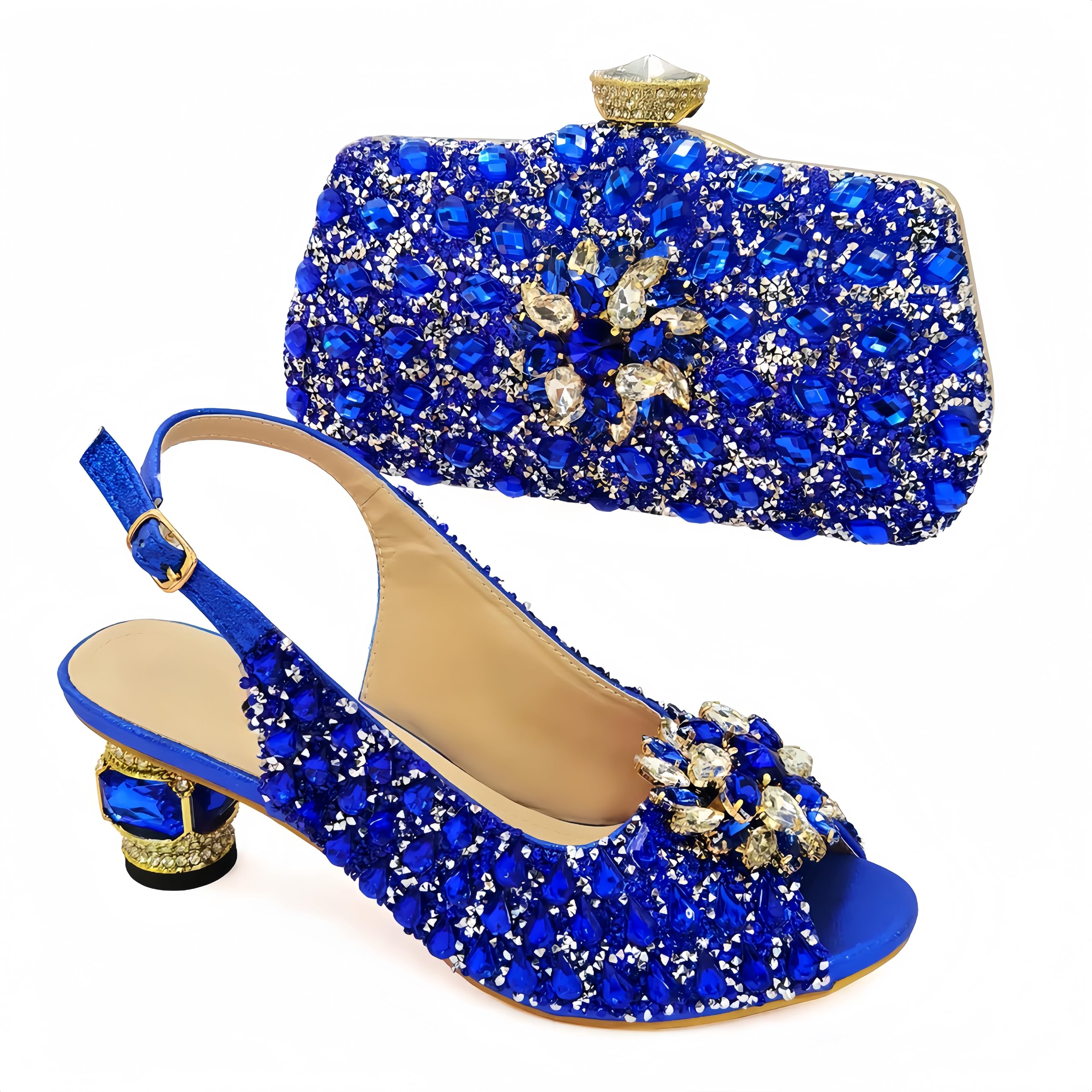 Qlujek Women's Shoes and Bag Set for Wedding Party Dance | Sparkling rhinestone-decorated high heel pumps and matching handbag, perfect for wedding,