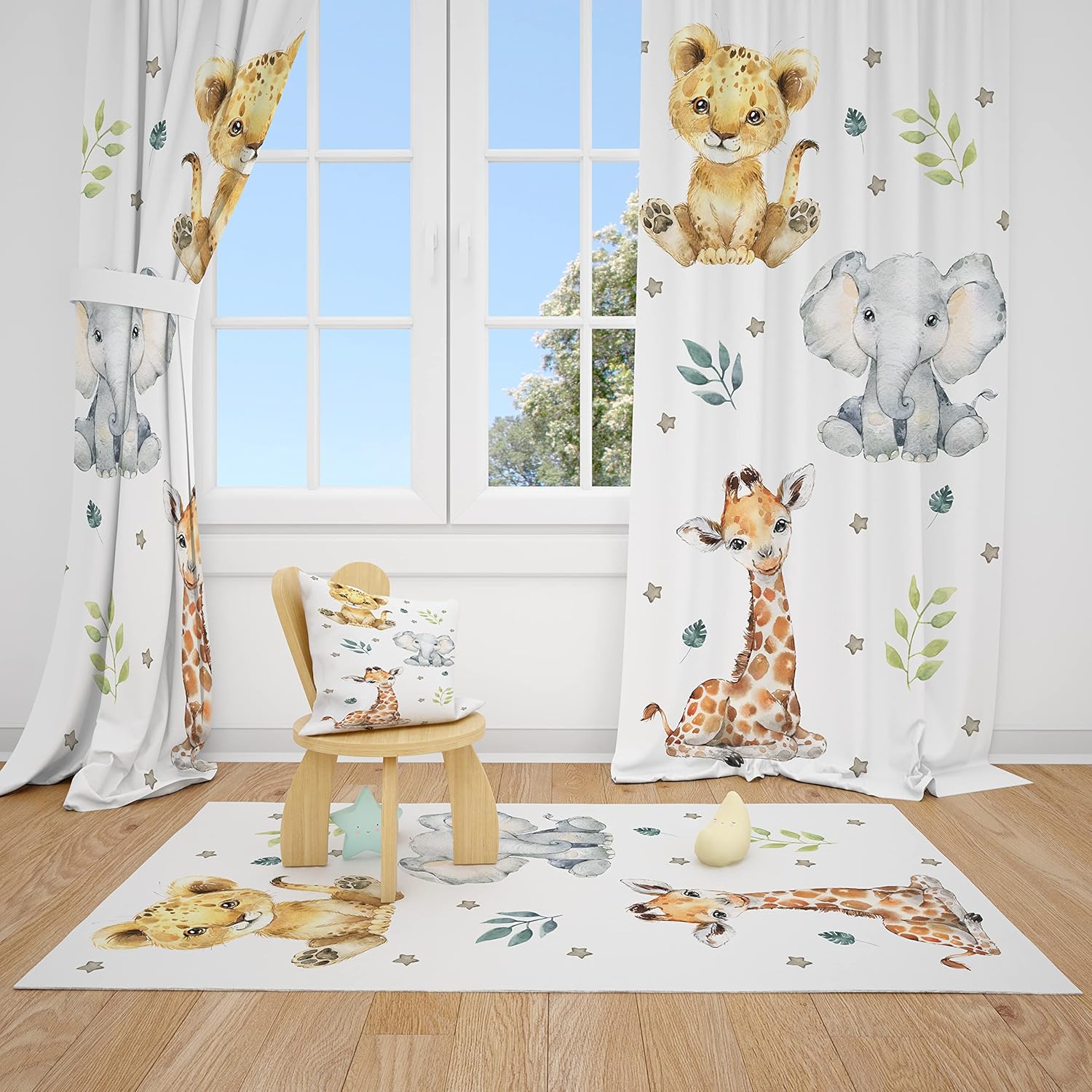 Baby Safari Animals Baby Boy Room Curtain Nursery Curtains Window Curtains (Pair of - 28" x 63")