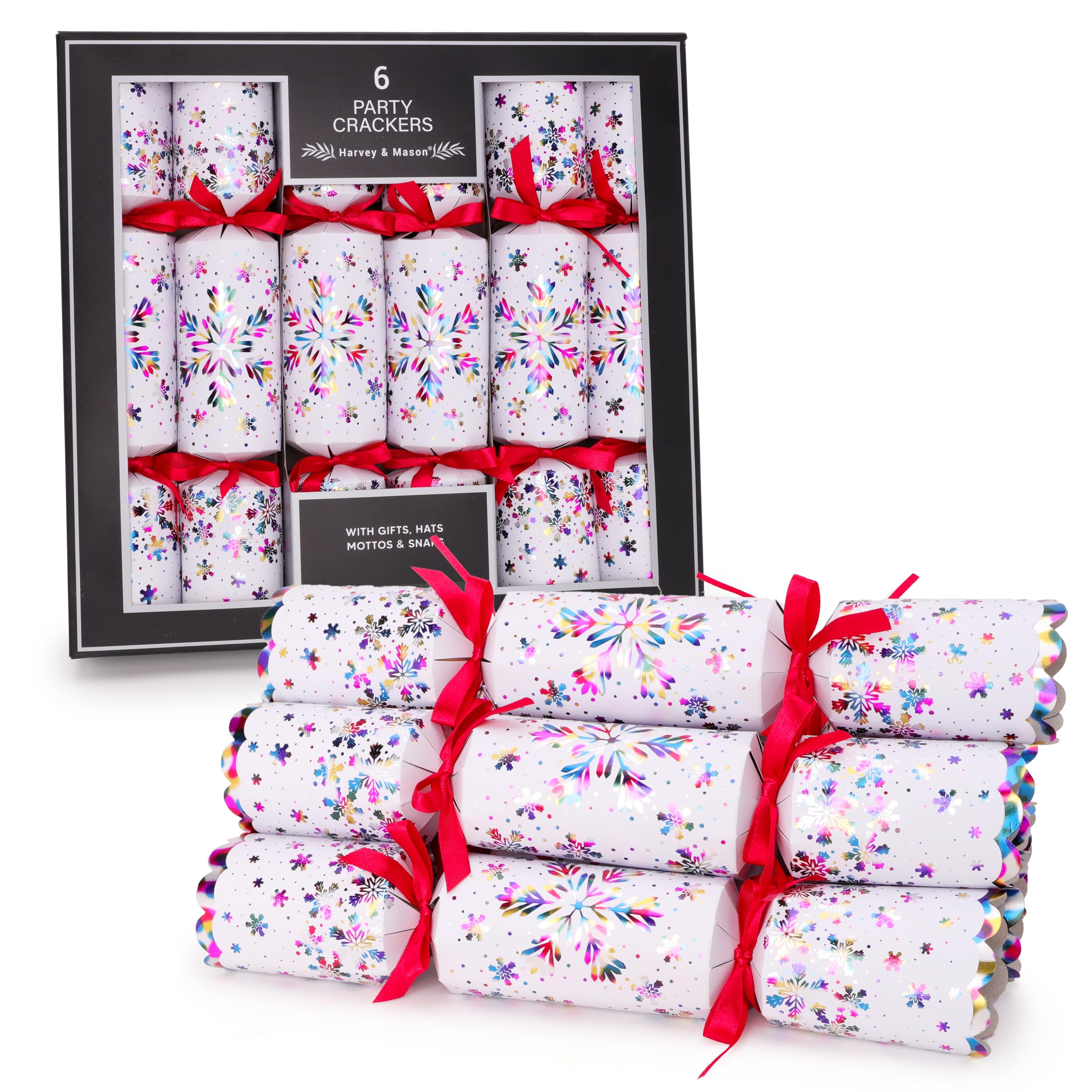 Toyland Red Toyland® 6 Deluxe Holographic Rainbow Snowflake Christmas Crackers – Hats, Mottos, Snaps & Novelty Gift Included - Table Decorations