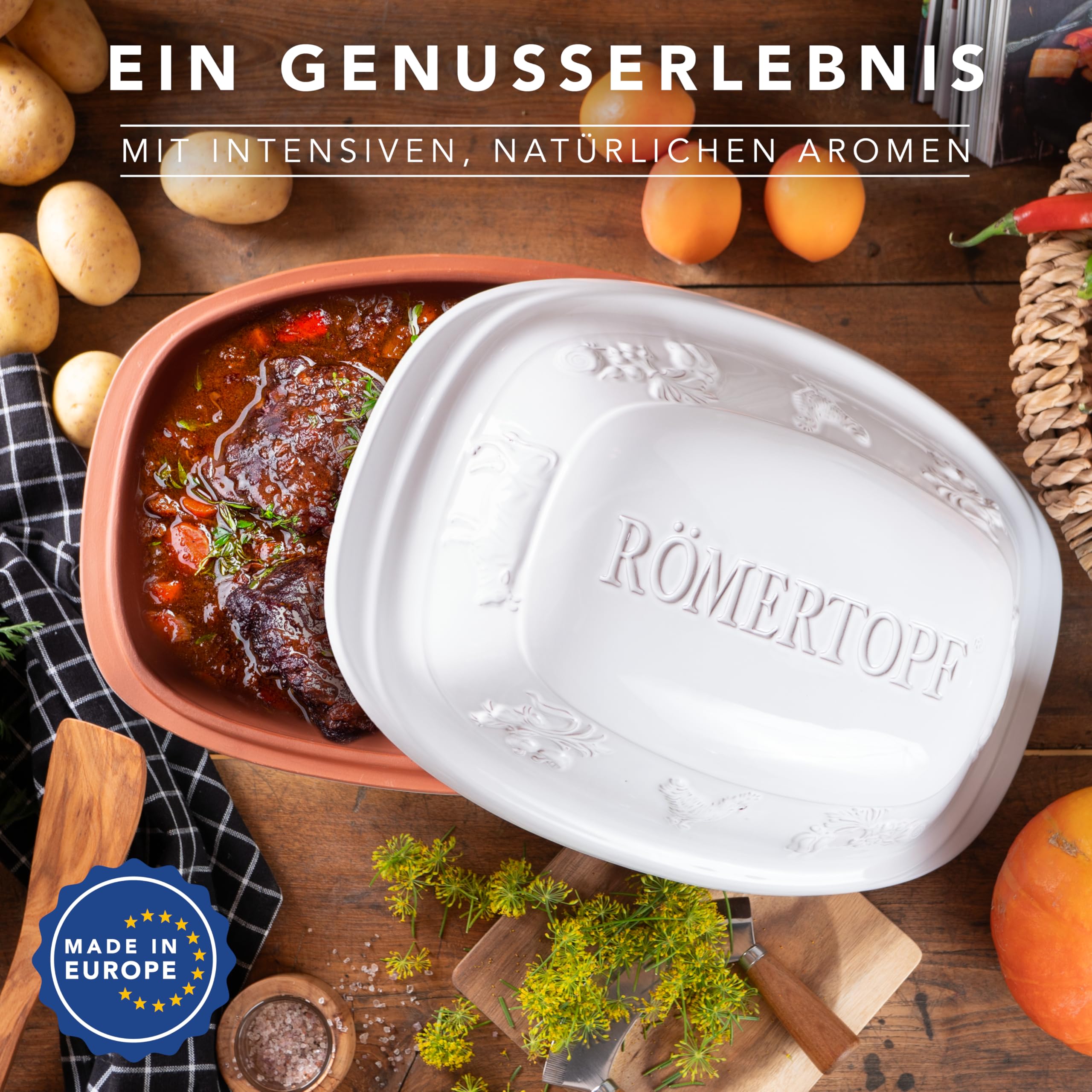 Römertopf RUSTICO – Cazuela de cerámica con tapa para 6 personas, 5 L, para guisar, asar y cocer al vapor, apta para horno y lavavajillas, blanco