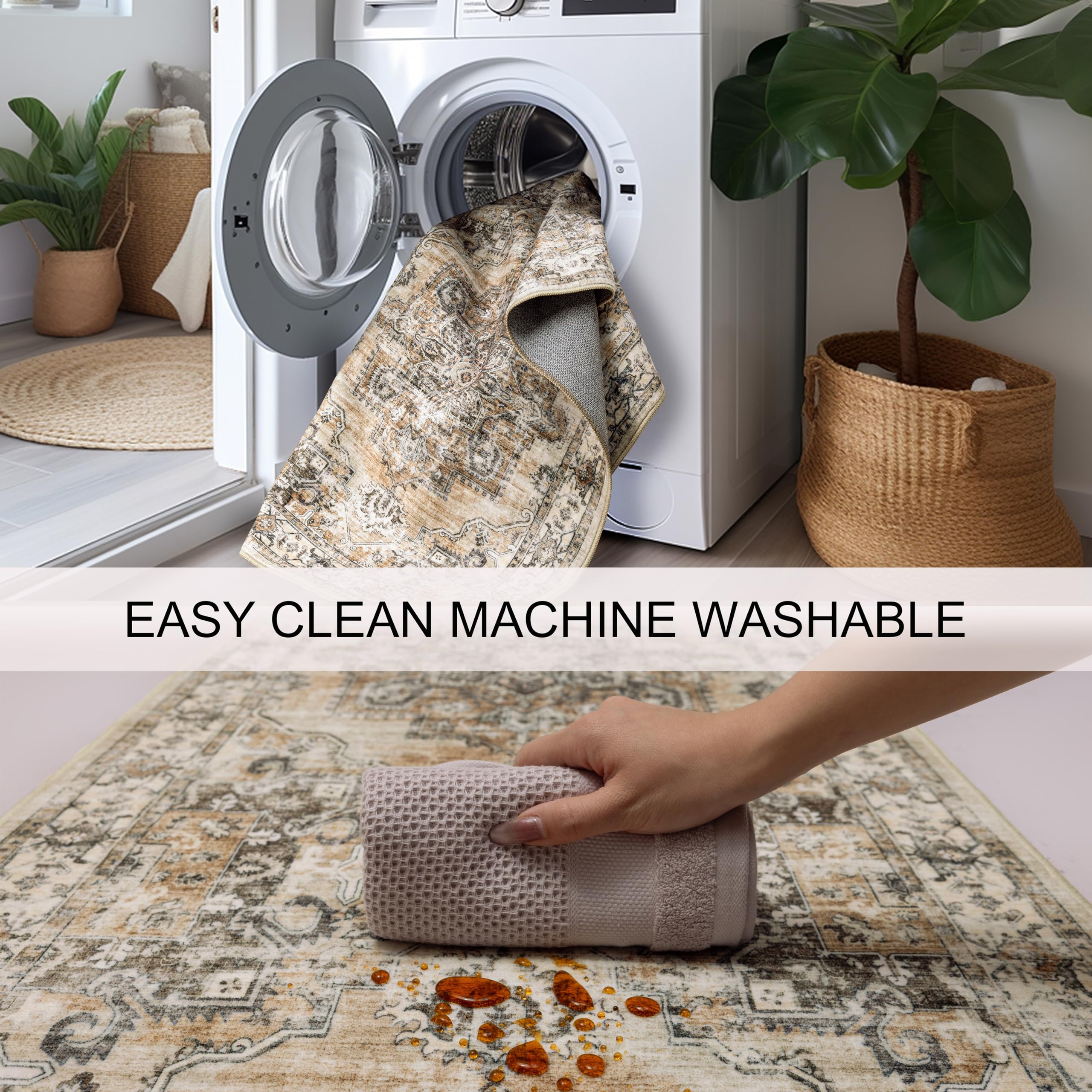 ManzunLiving 2x12 Washable Hallway Rug- Soft Vintage Farmhouse Non-Slip Entryway Carpet, Stain Resistant Distressed Floor Mat for Kitchen, Living Room, Bedroom & Bathroom(Beige Brown Natural,2x12)