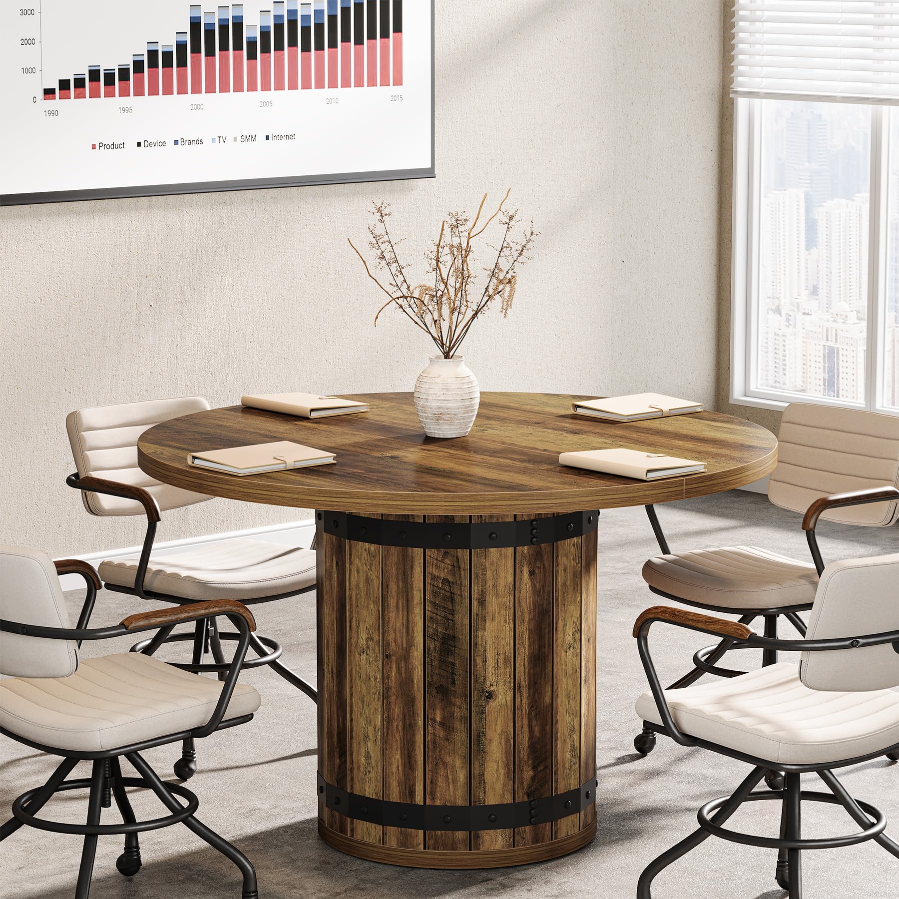 Tribesigns Runder Konferenztisch 100 cm für 2-4 Personen, Landhaus Besprechungstisch mit Zaun-Pedestal, Rustikales Braun, Seminar-Tisch rund, Besprechungsraum, Büro, ohne Stühle