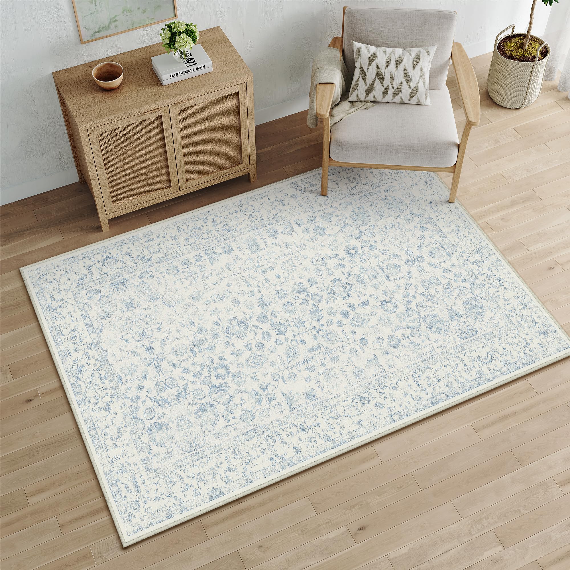 PureCozy 3x5 Blue Area Rug Washable Non Slip Vintage Carpet Living Room