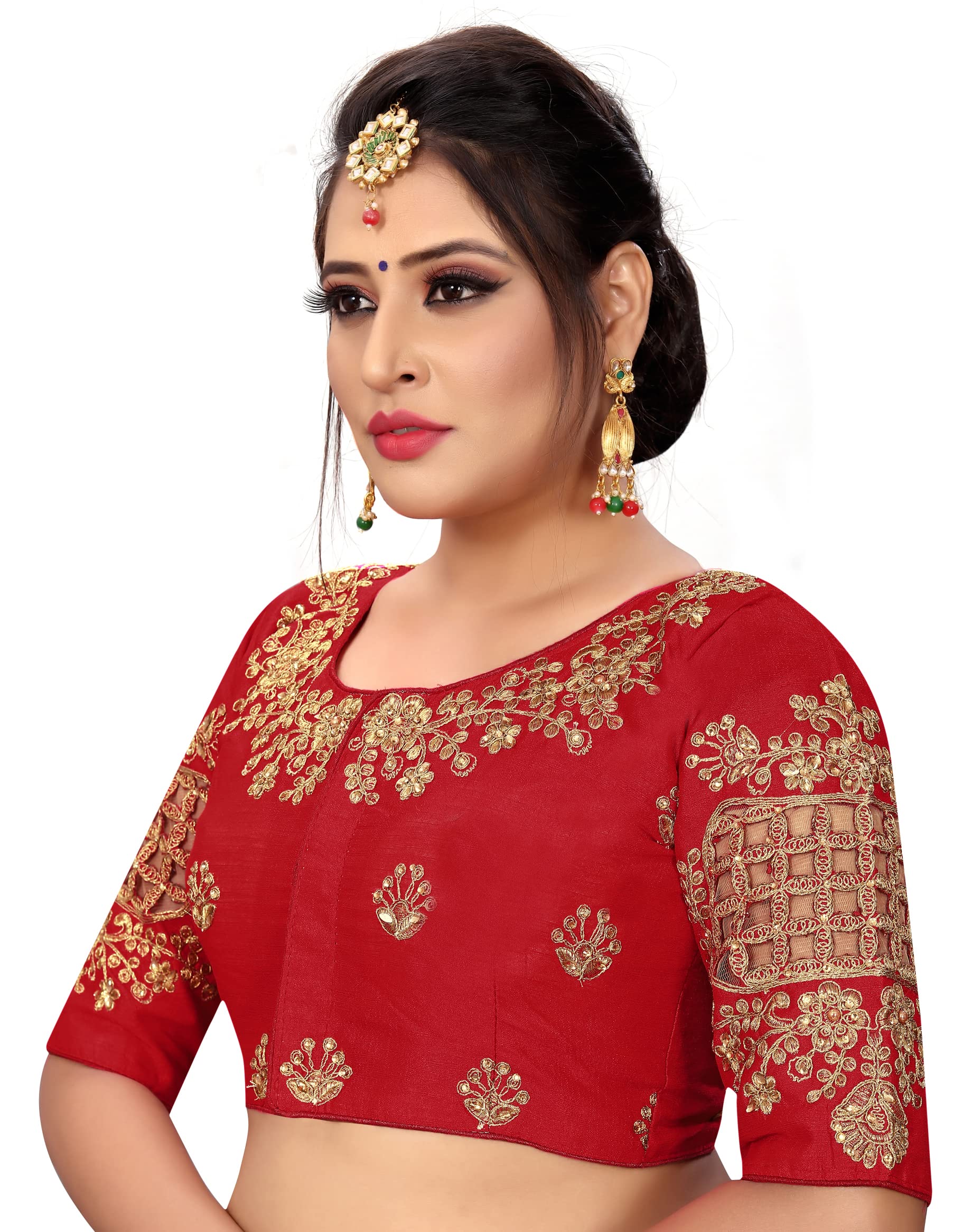 Pujia Mils Women's Silk Checks Half Sleeve Readymade Blouse (Checks_Red_36)